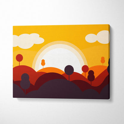 Minimalist abstract landscape canvas art with warm sunrise hills and trees in golden yellow orange burgundy