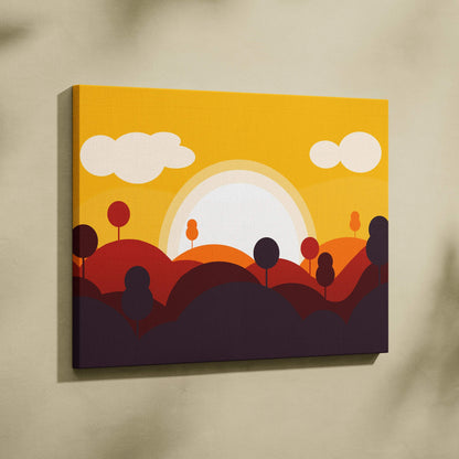 Minimalist abstract landscape canvas art with warm sunrise hills, trees in golden yellow, orange, burgundy sunset hues