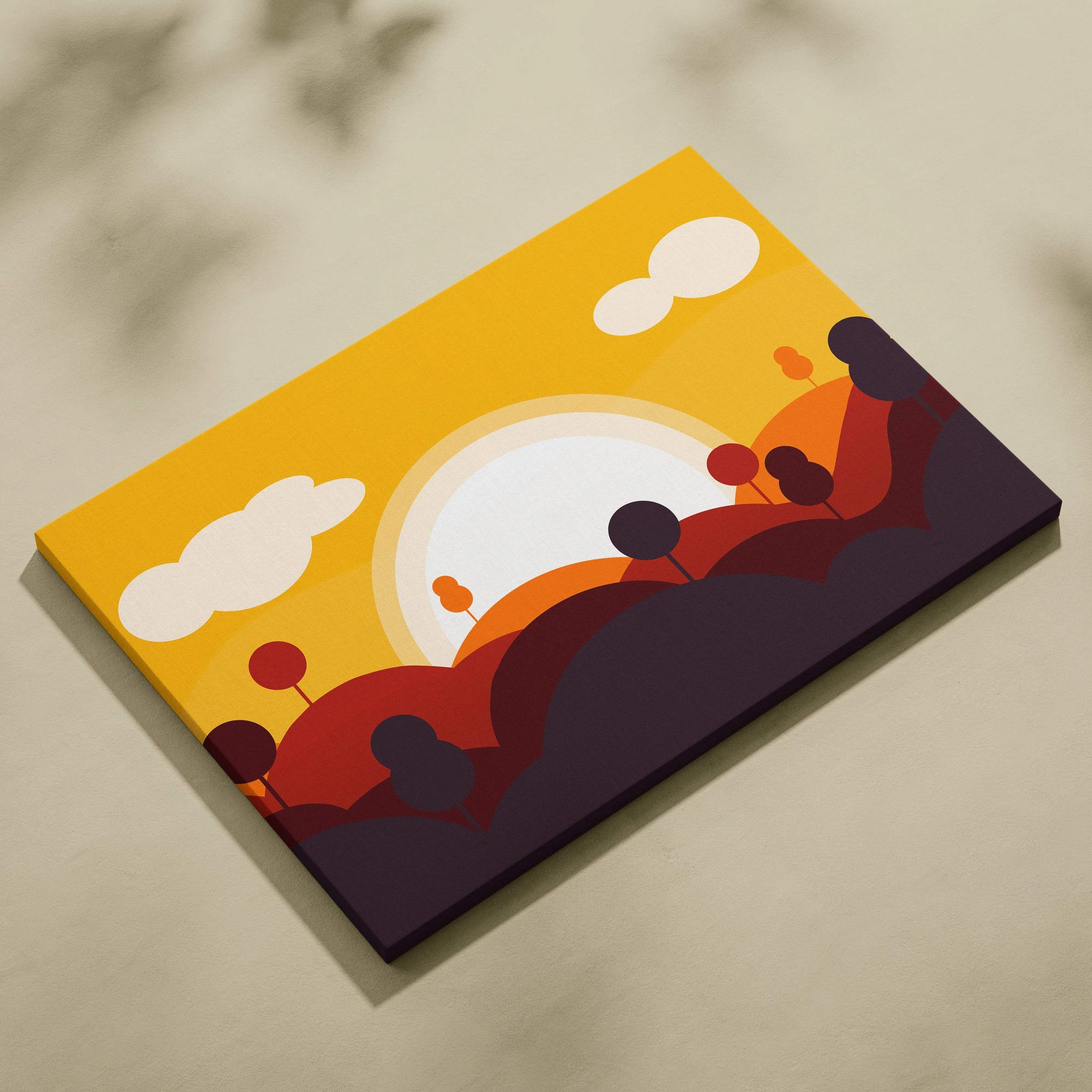 Minimalist canvas print of abstract sunrise hills in yellow orange burgundy