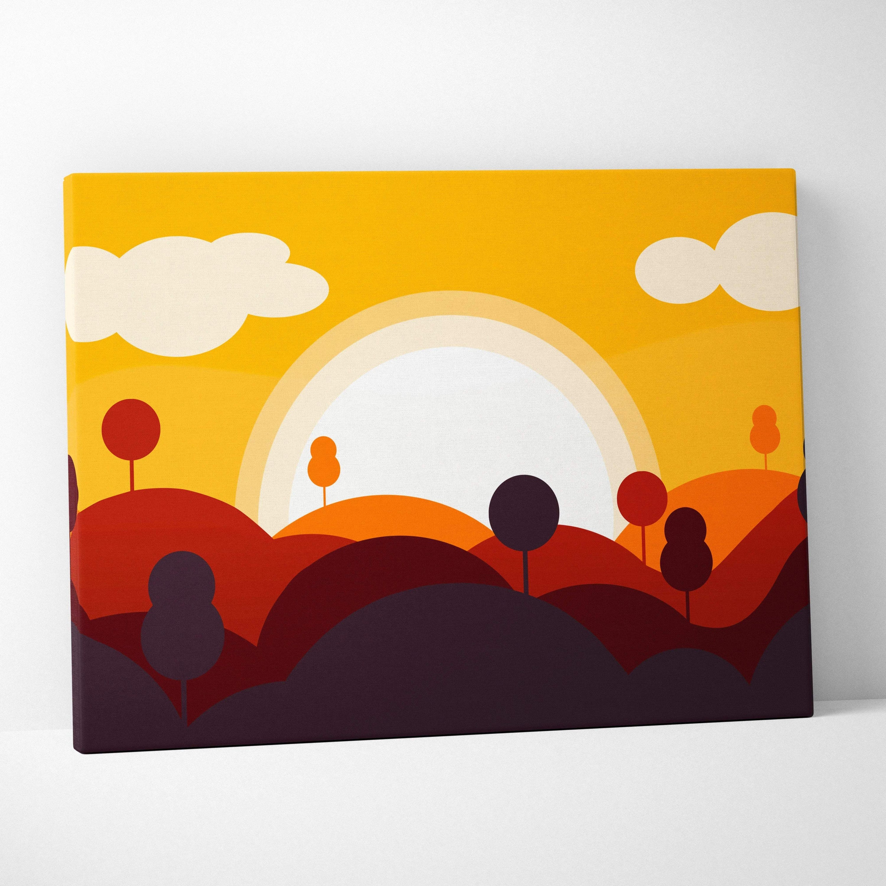 Minimalist abstract landscape canvas art with warm sunrise hills and trees in golden yellow orange burgundy