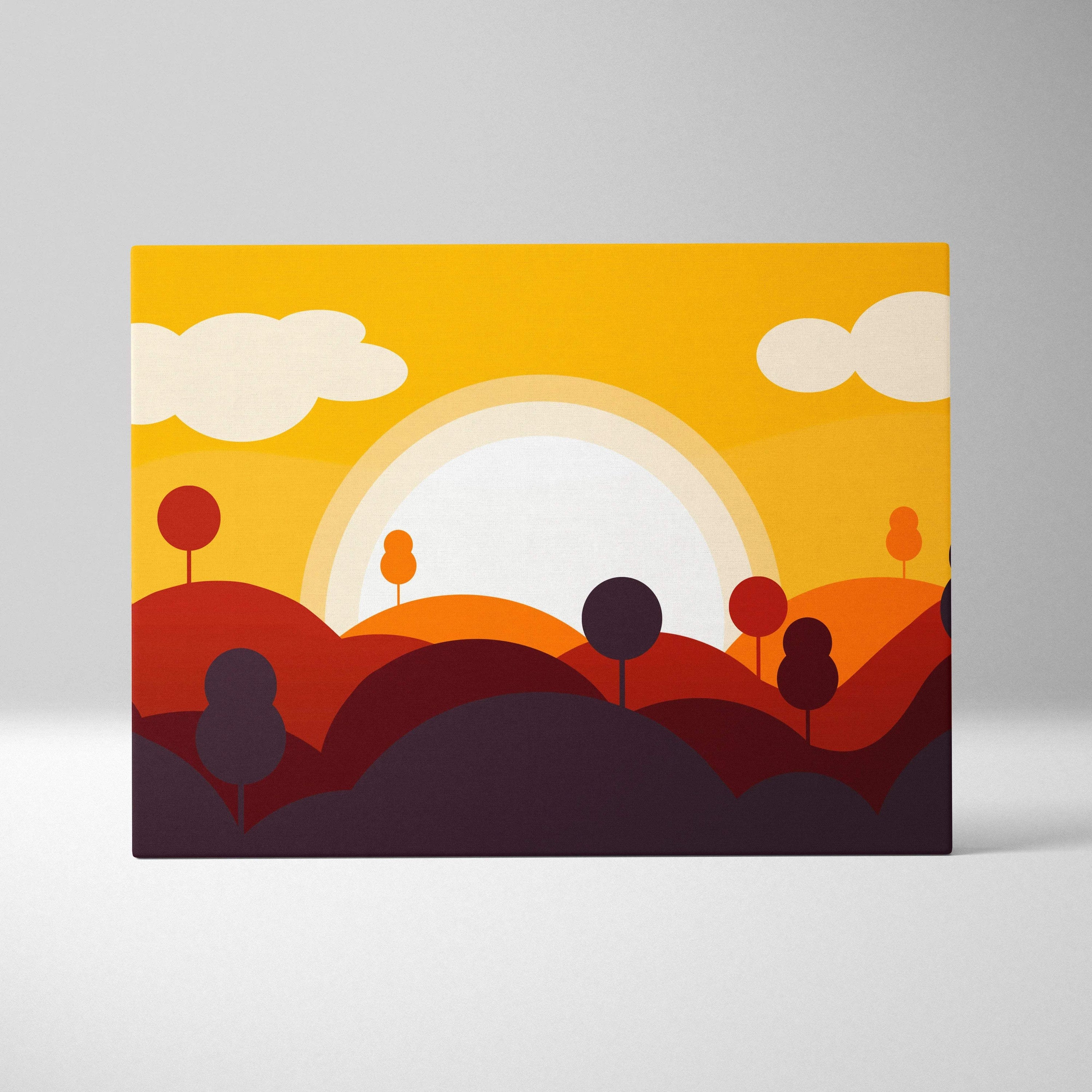 Minimalist abstract landscape canvas print with warm sunrise hills and silhouetted trees in golden yellow orange burgundy