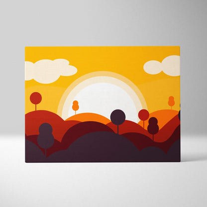 Minimalist abstract landscape canvas print with warm sunrise hills and silhouetted trees in golden yellow orange burgundy