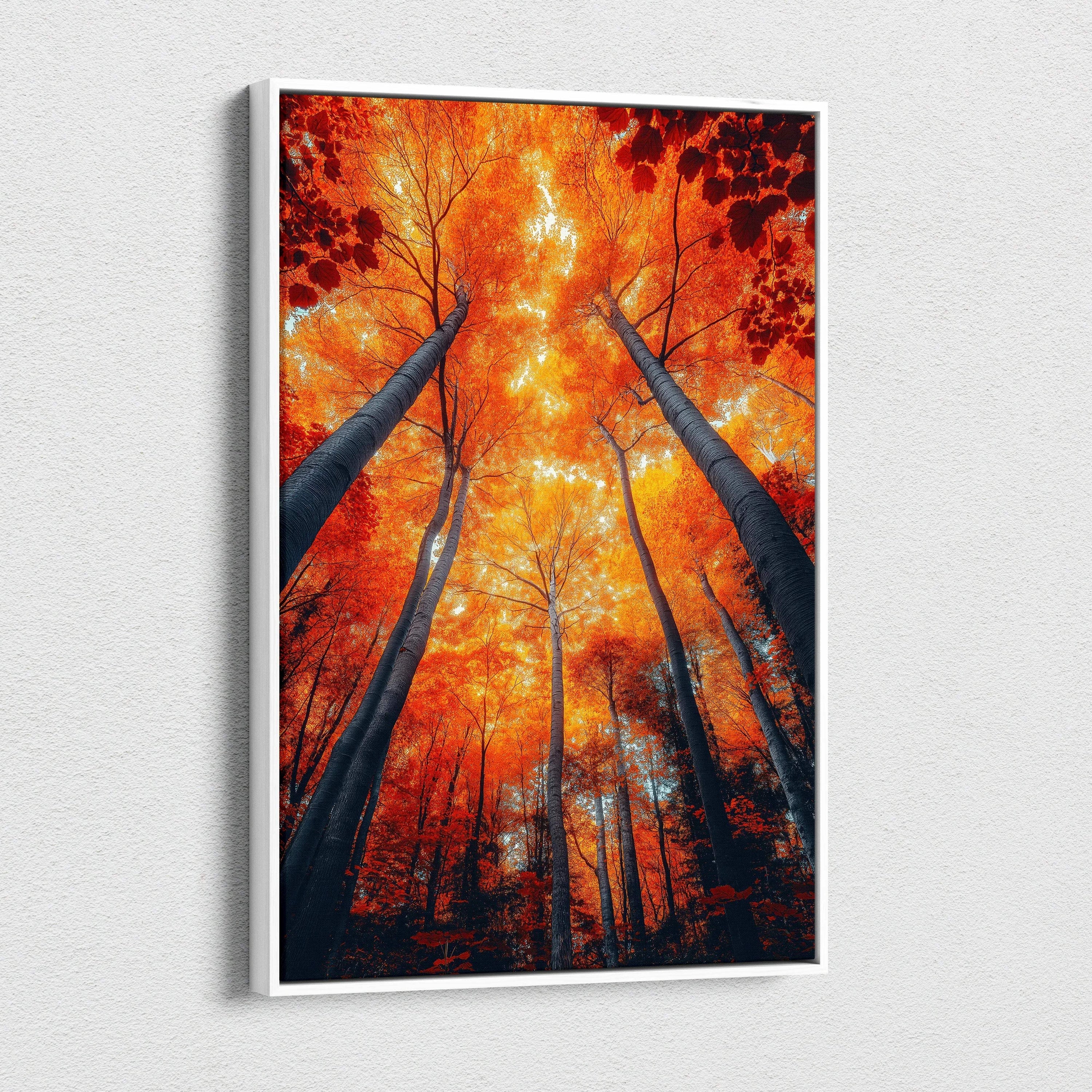 Vertical canvas wall art featuring vibrant autumn forest trees with orange and red foliage.