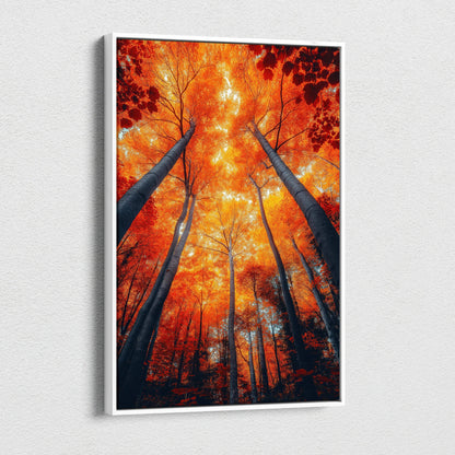 Vertical canvas wall art featuring vibrant autumn forest trees with orange and red foliage.
