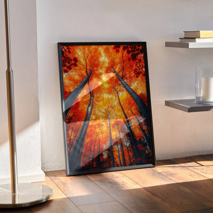 Autumn trees with bright orange leaves soaring upward in vibrant digital art poster leaning on wall.
