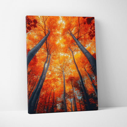 Autumn forest canvas wall art with vibrant orange leaves viewed from below.