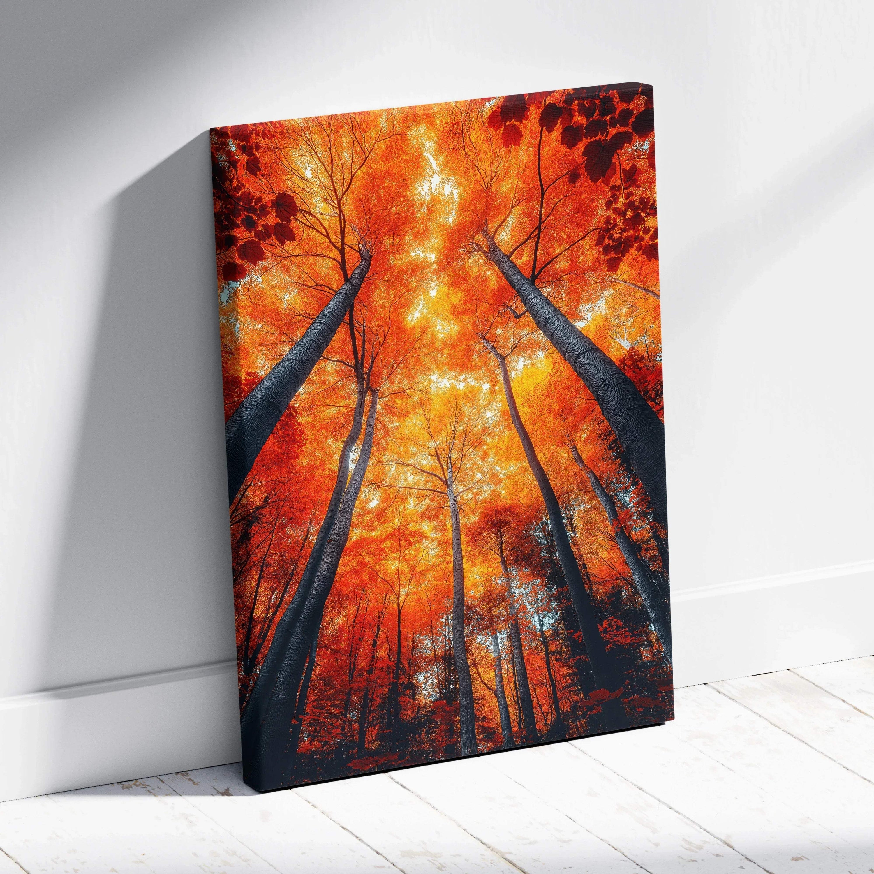 Vertical canvas wall art featuring vibrant orange autumn forest canopy with tall tree trunks reaching upward.