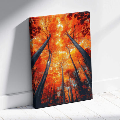 Vertical canvas wall art featuring vibrant orange autumn forest canopy with tall tree trunks reaching upward.