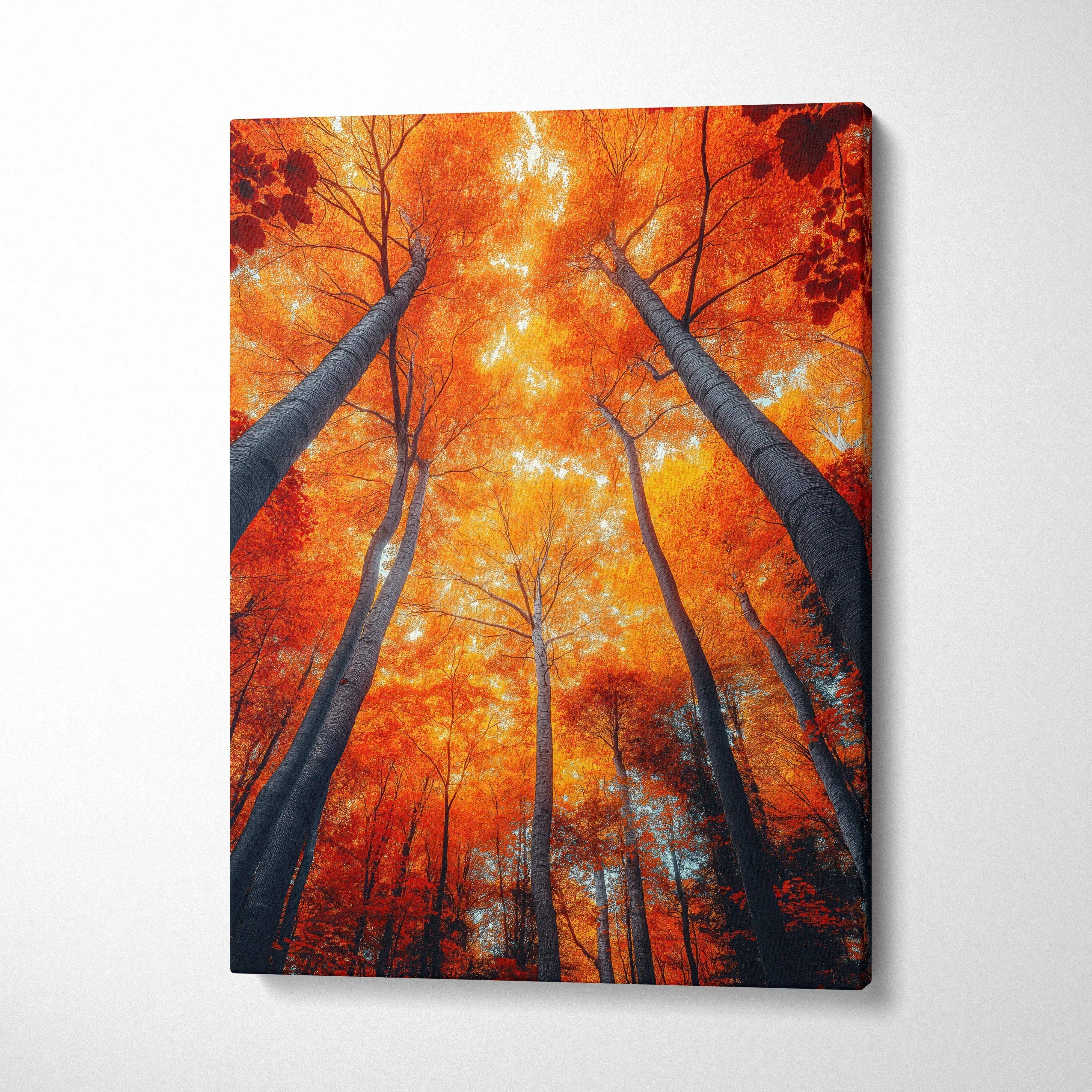 Vertical canvas wall art featuring vibrant autumn forest with tall trees and fiery orange leaves.