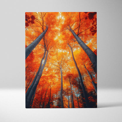 Vertical canvas wall art featuring vibrant autumn forest with fiery orange leaves and tall tree trunks.