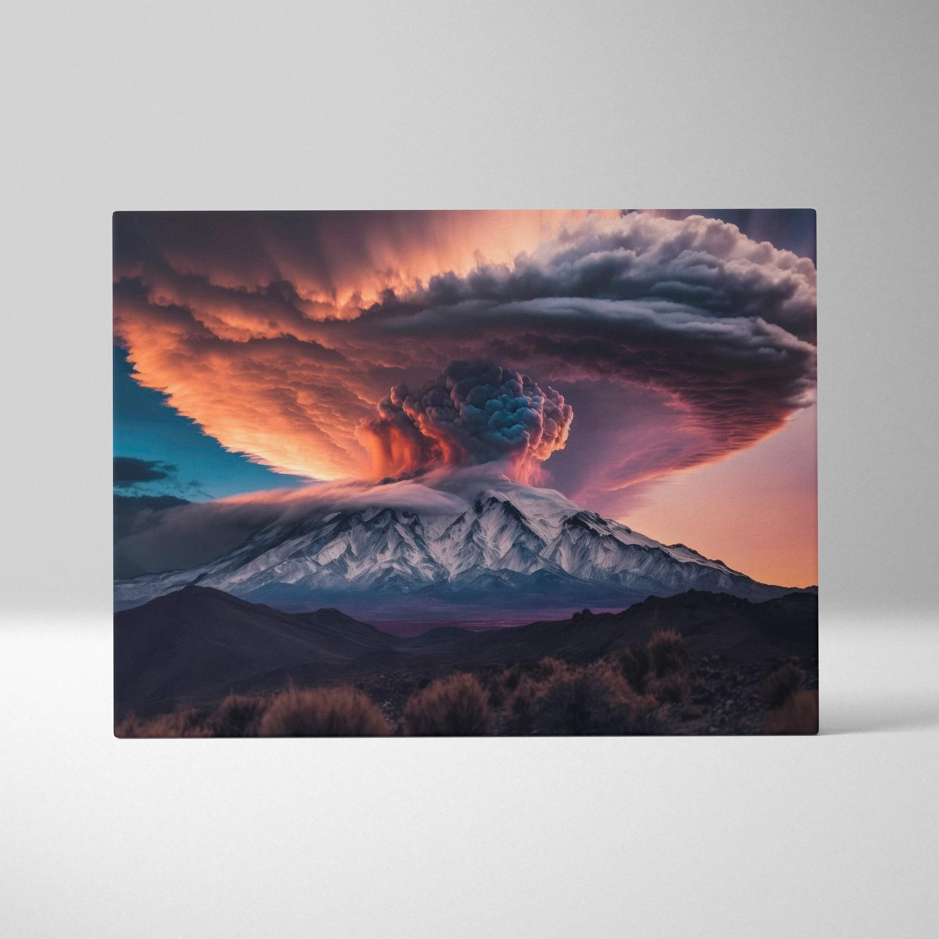 Cinematic volcano eruption with fiery orange mushroom cloud over snow peaks at dusk canvas print