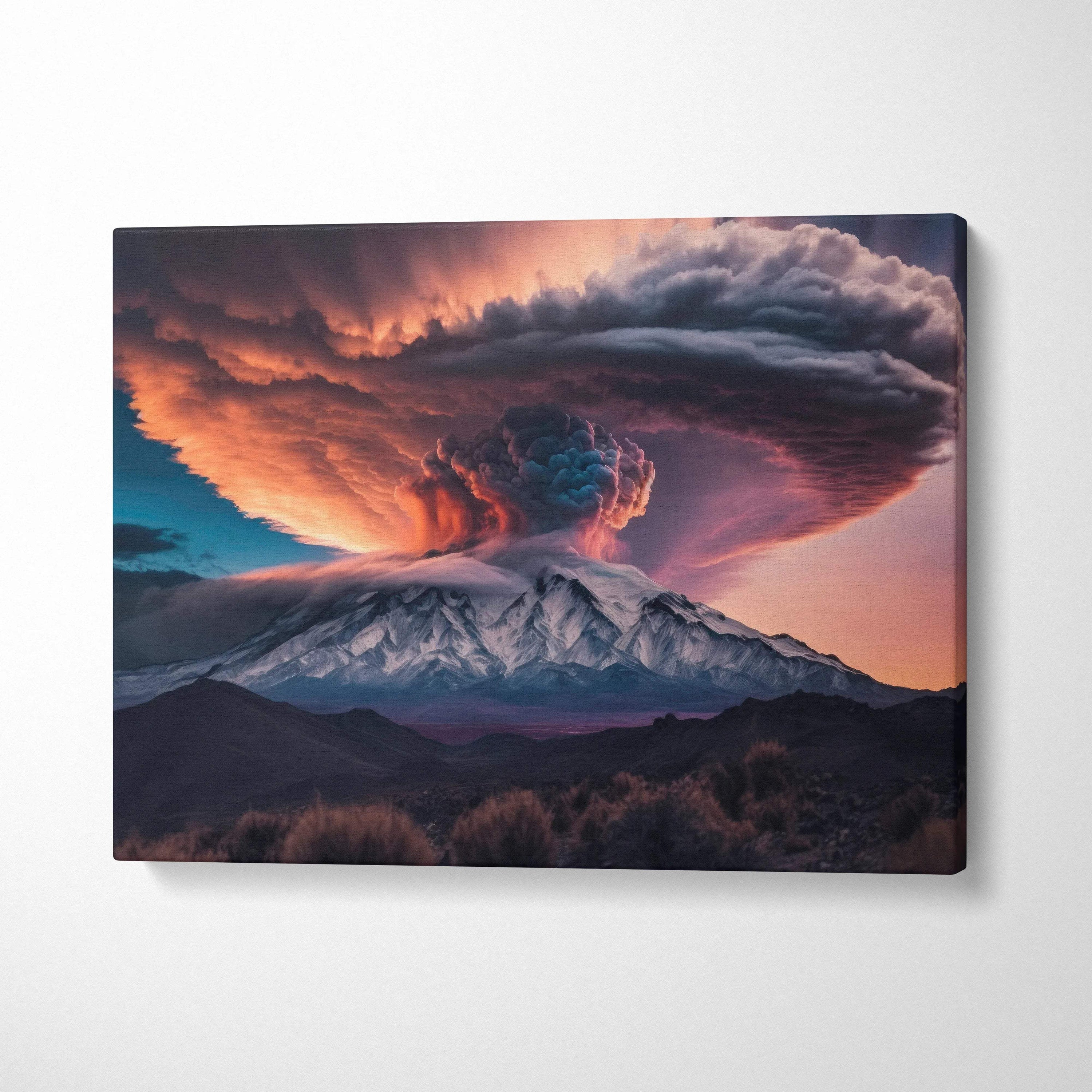 Cinematic surreal volcano eruption with fiery orange mushroom cloud at dusk canvas print