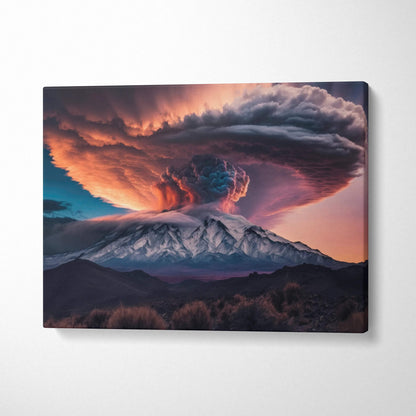Cinematic surreal volcano eruption with fiery orange mushroom cloud at dusk canvas print