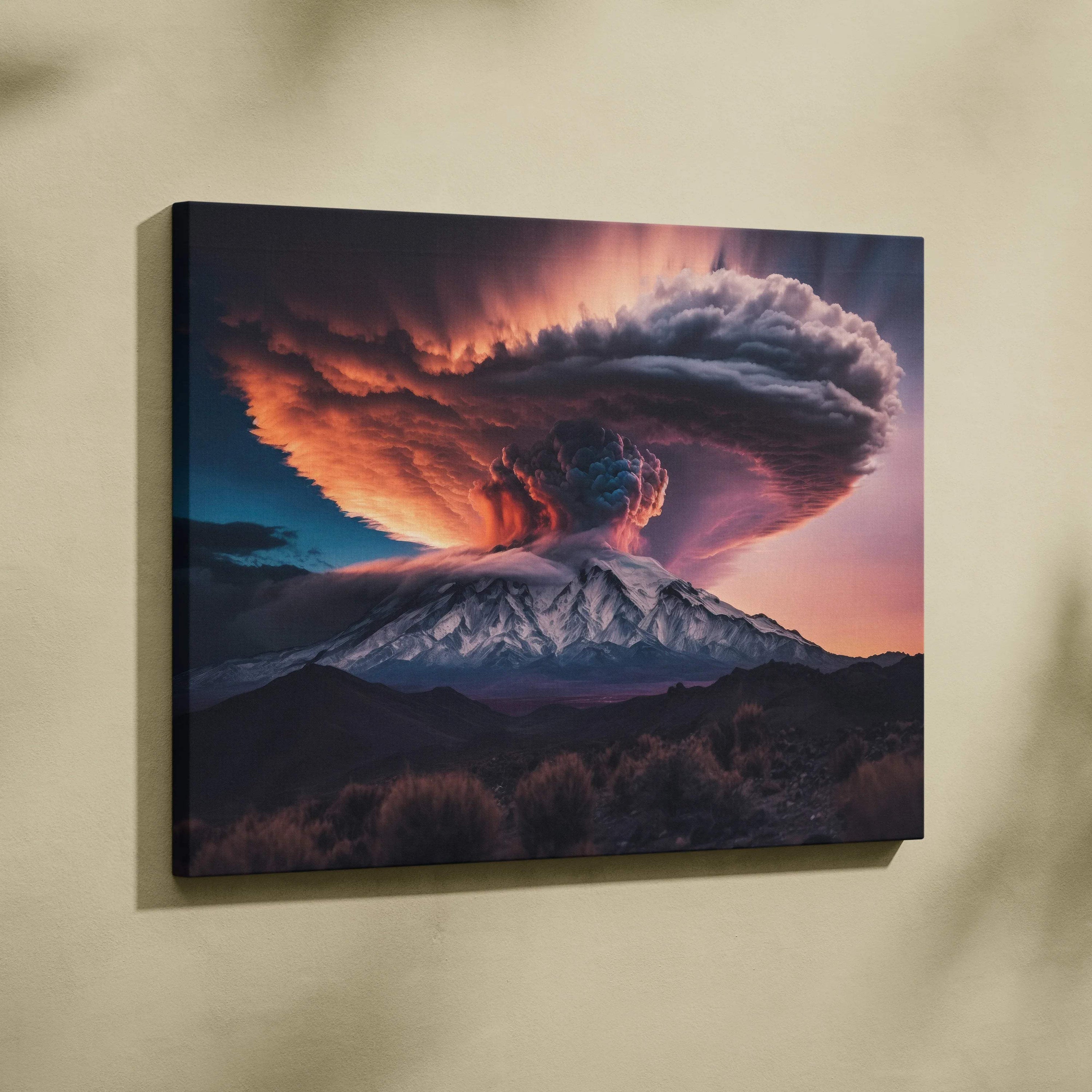 Cinematic volcano eruption with fiery orange crimson mushroom cloud at dusk canvas art