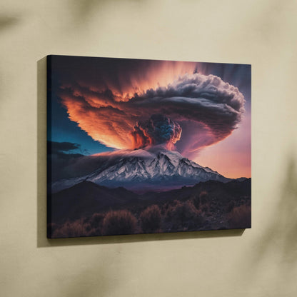 Cinematic volcano eruption with fiery orange crimson mushroom cloud at dusk canvas art