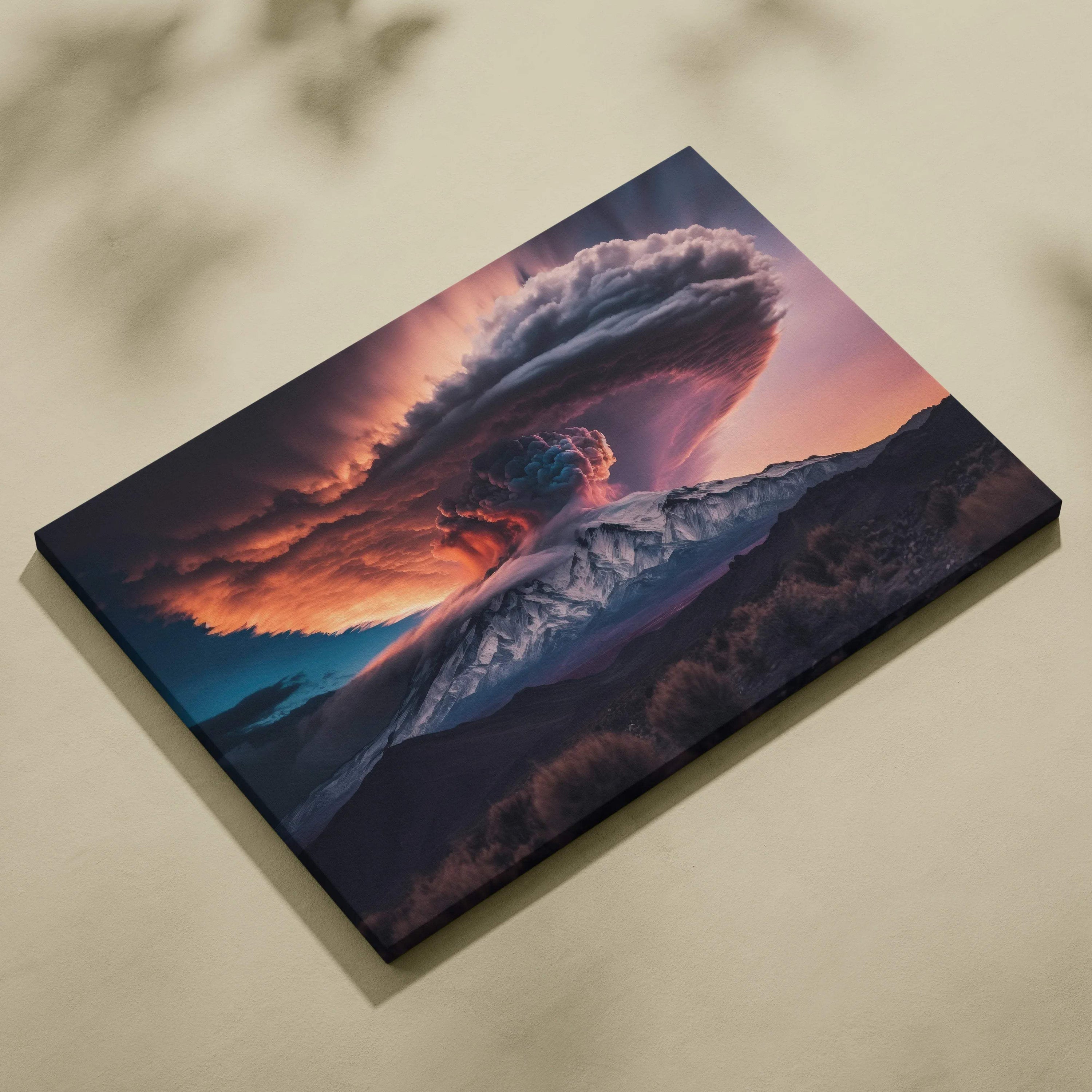 Cinematic volcano eruption canvas print with fiery orange mushroom cloud at dusk