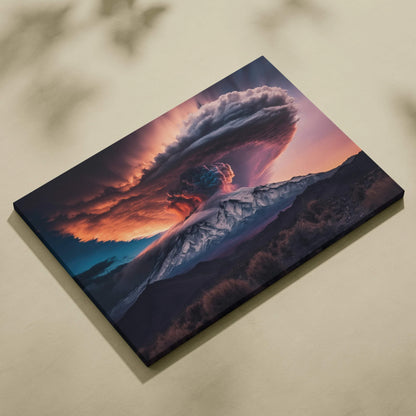 Cinematic volcano eruption canvas print with fiery orange mushroom cloud at dusk