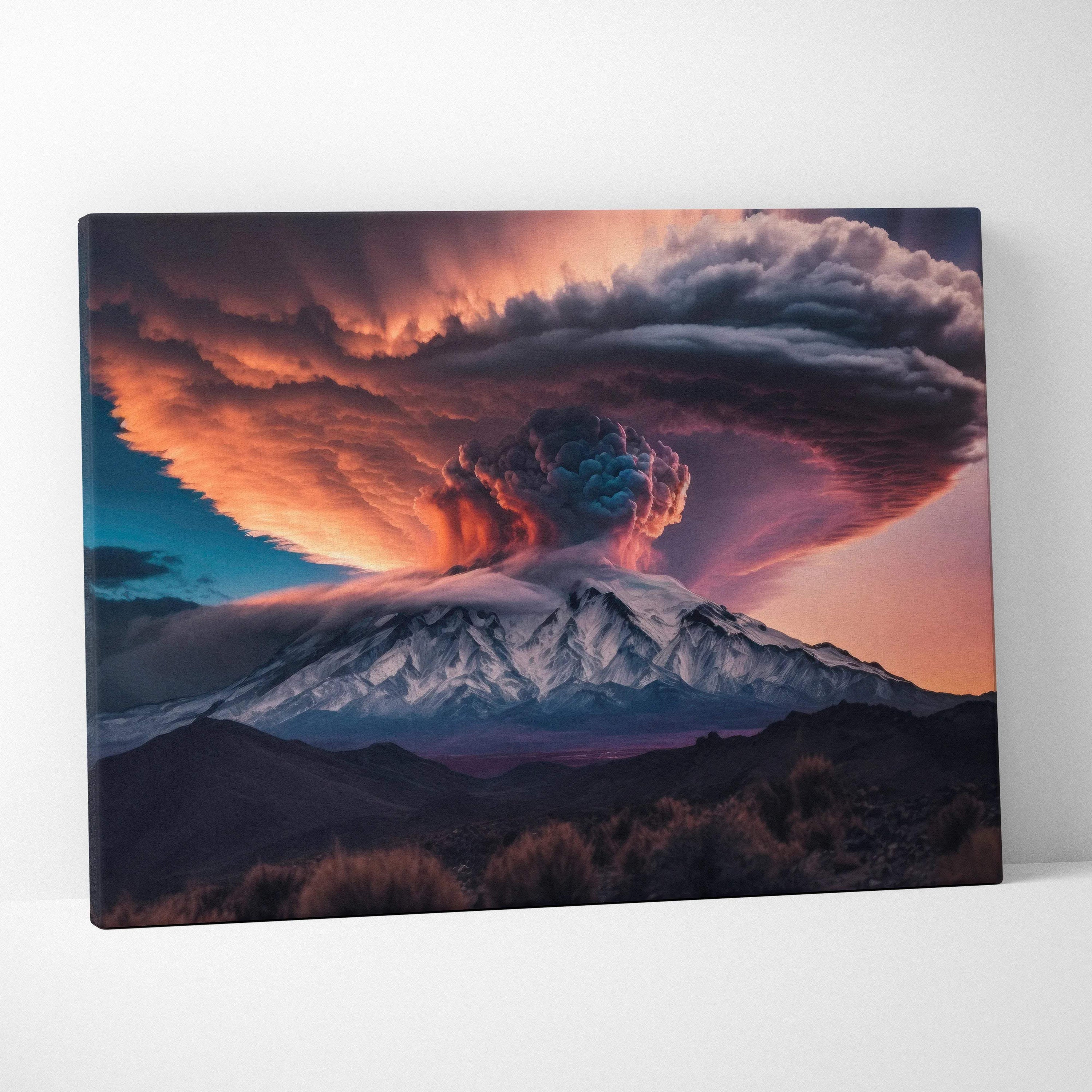 Cinematic surreal volcano eruption with fiery orange crimson mushroom cloud at dusk canvas art