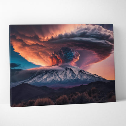 Cinematic surreal volcano eruption with fiery orange crimson mushroom cloud at dusk canvas art