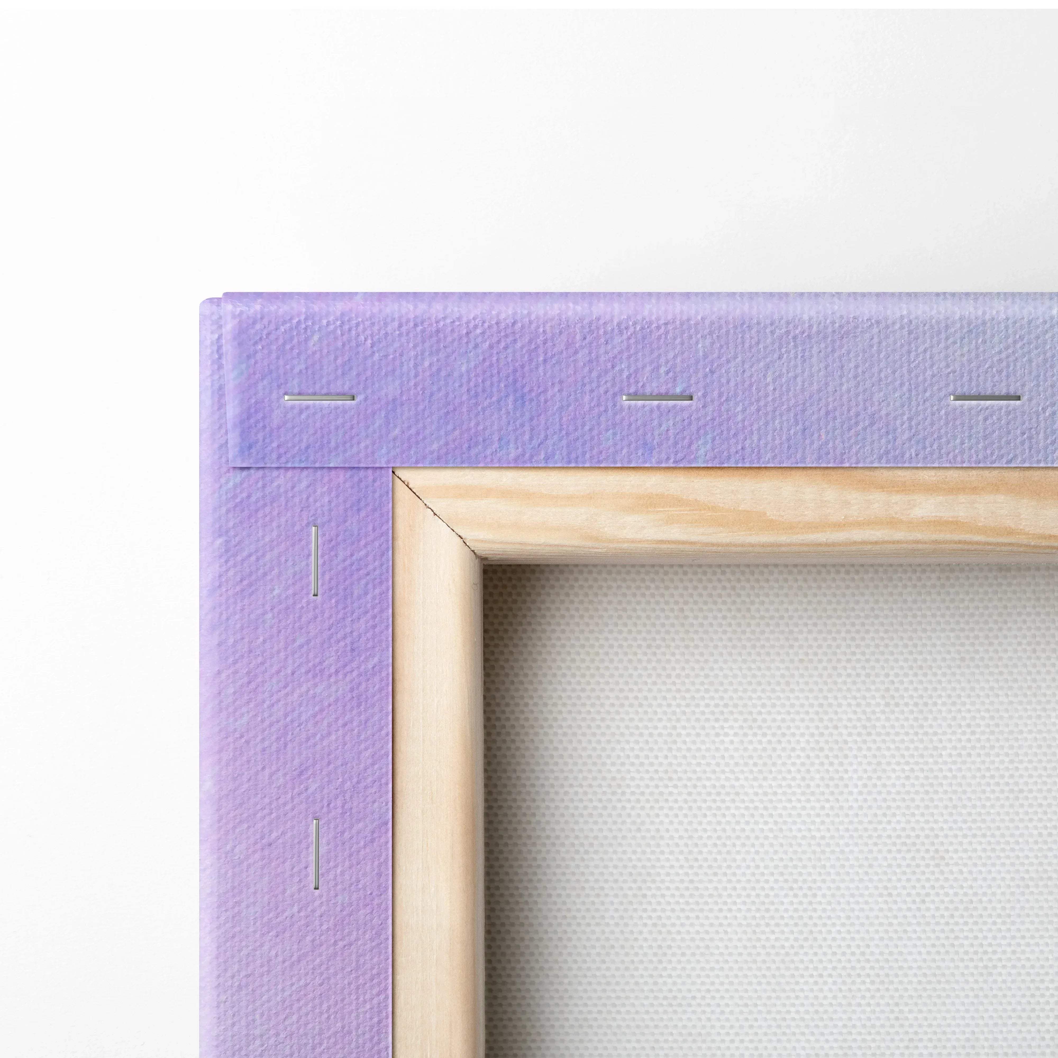 Light purple abstract color burst gradient canvas wall art with natural wood border in vibrant blues and purples