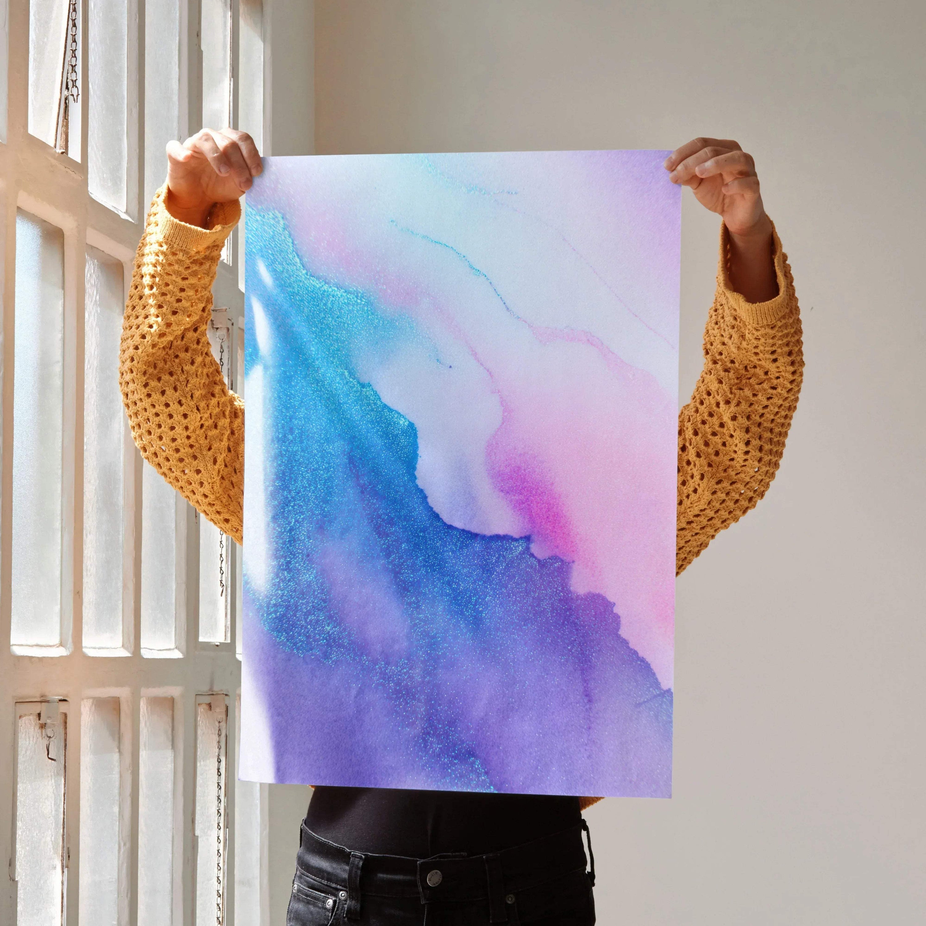 Abstract modern art poster with soft blue, purple, and pink watercolor patterns, vertical wall art.