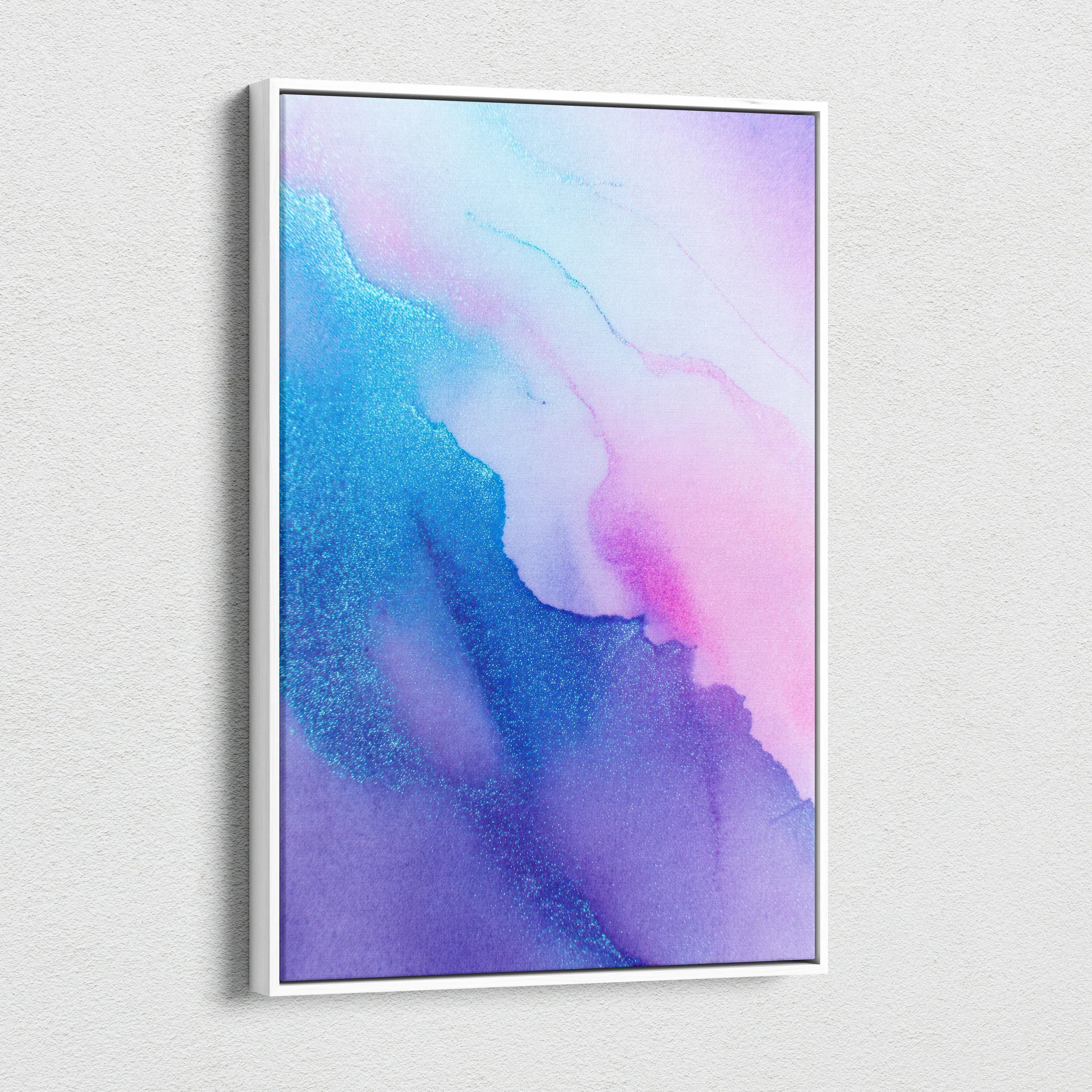 Abstract digital art canvas wall decor with vibrant blue, purple, and pink watercolor gradients.