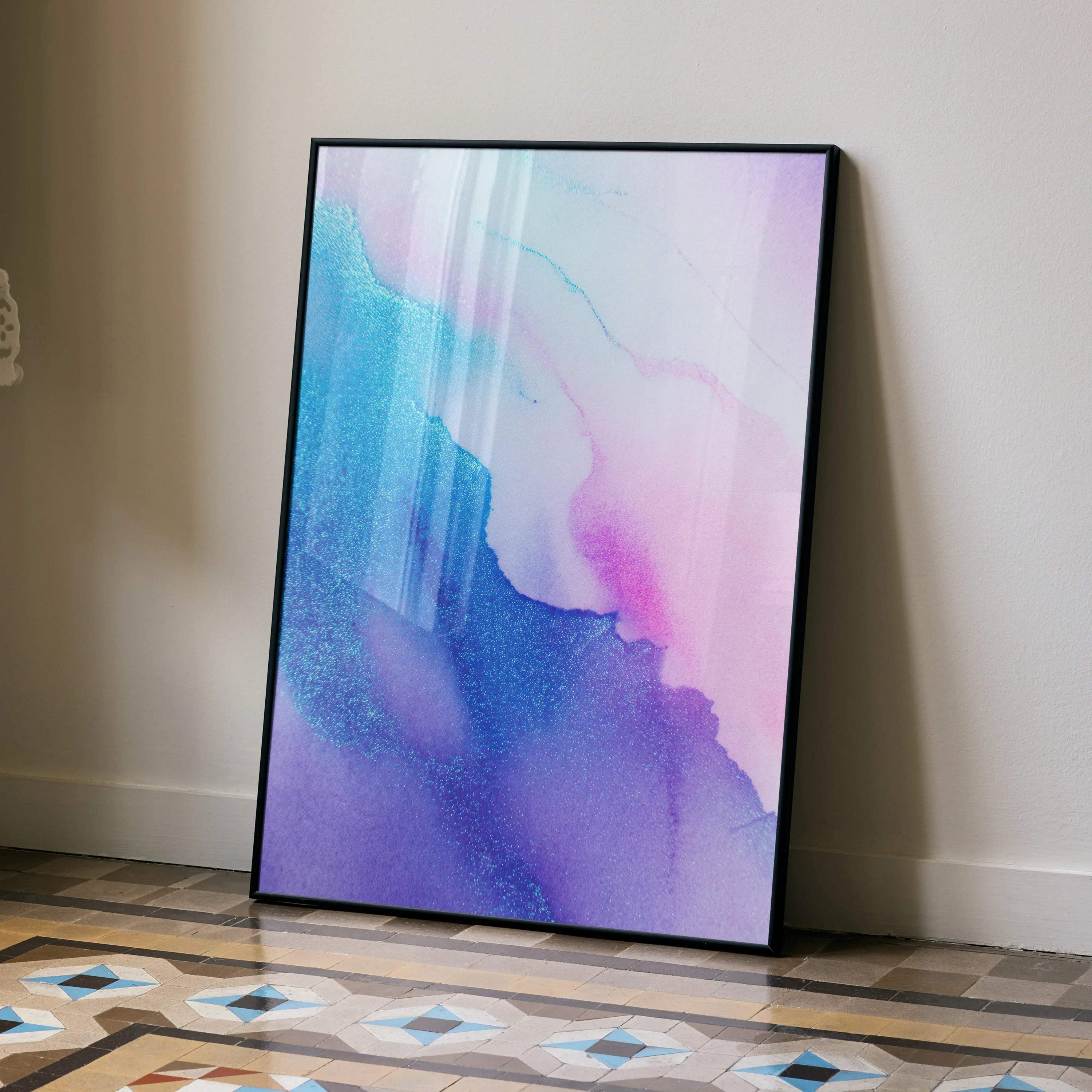 Modern abstract wall art poster with vertical bold blue and pink gradient patterns in black frame.
