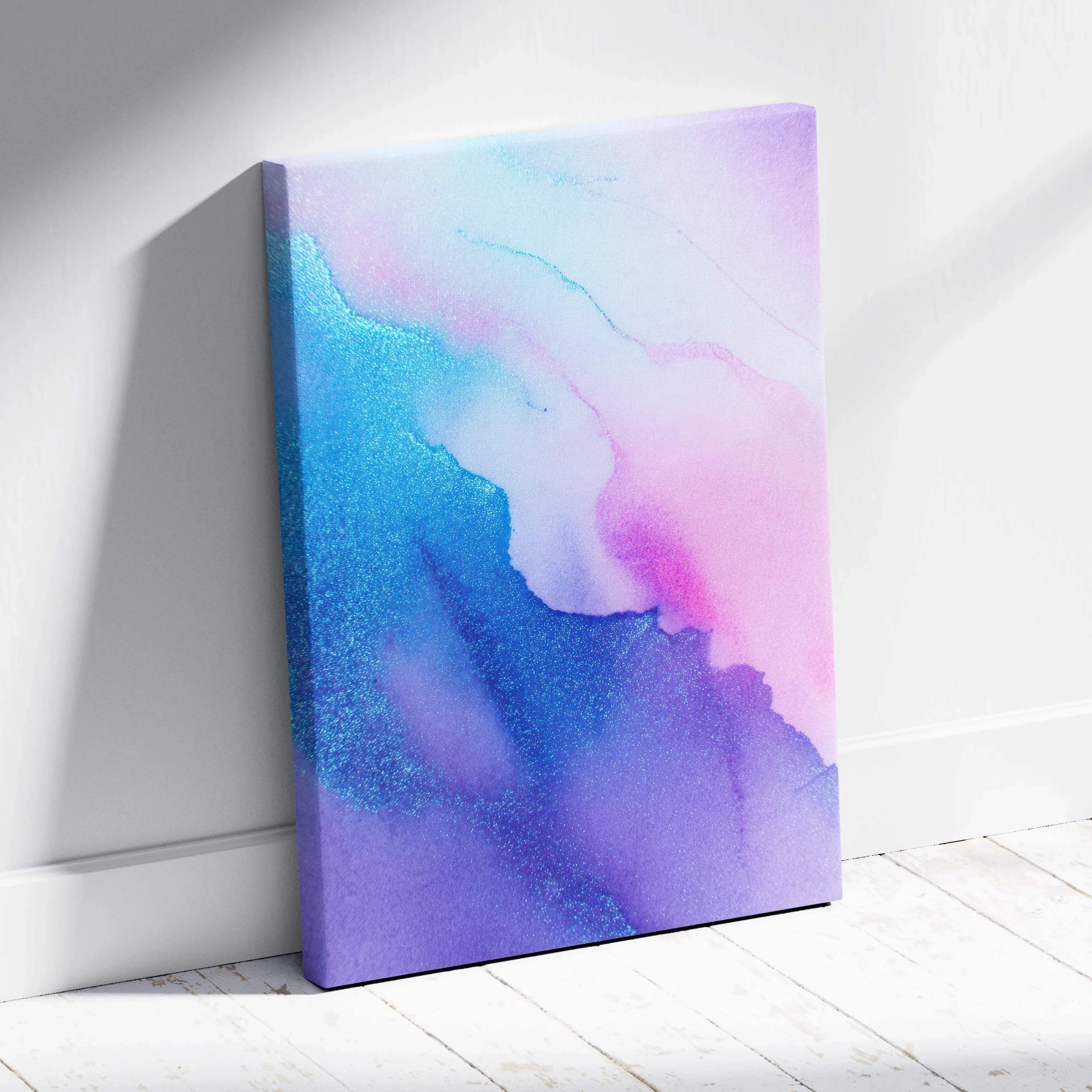 A vibrant abstract color burst gradient canvas wall art with swirling blue purple pink hues and sparkling glitter texture