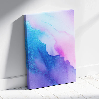 Abstract canvas wall art with vibrant blue, purple, and pink watercolor textures.