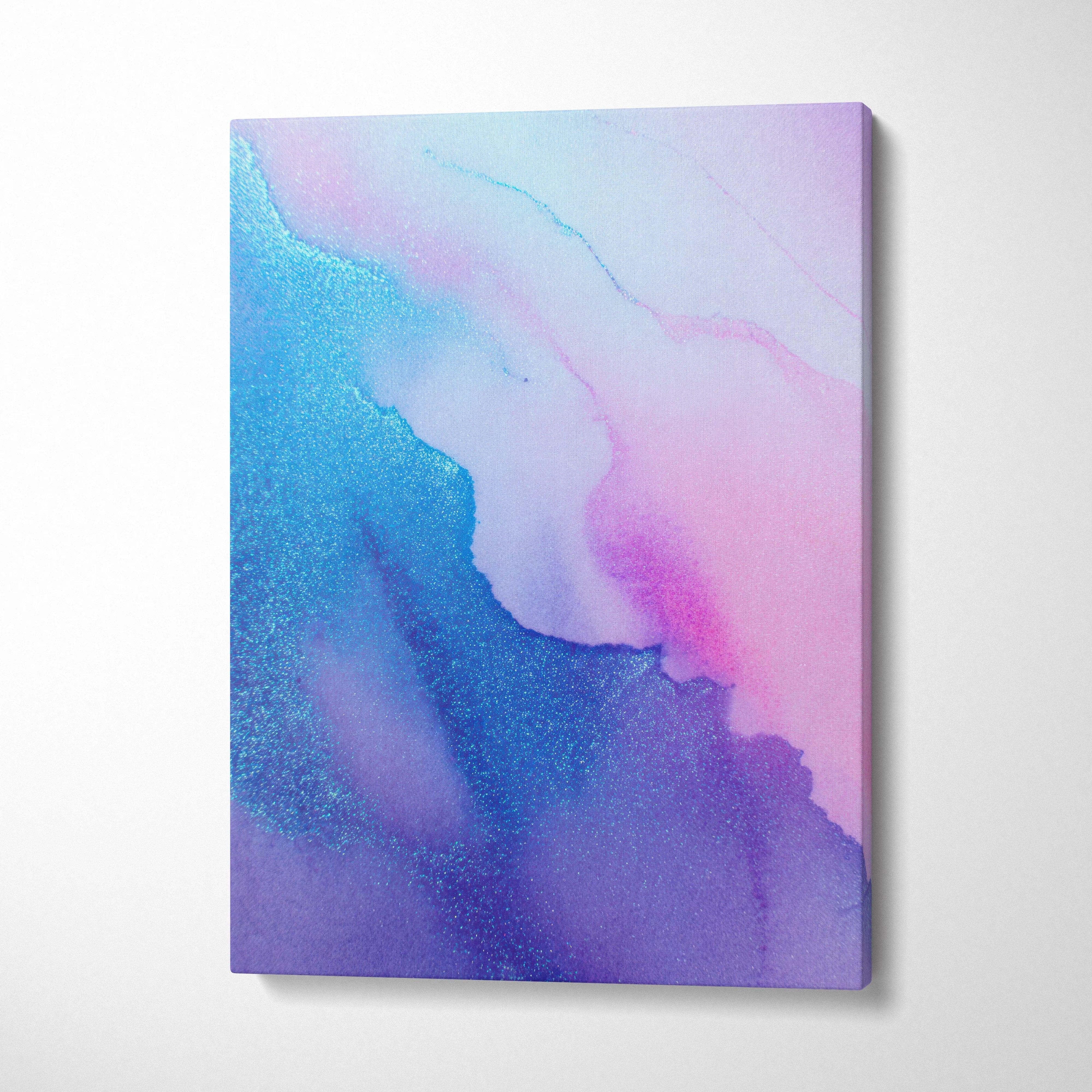Abstract vibrant blue, purple, and pink digital art on vertical canvas wall art.
