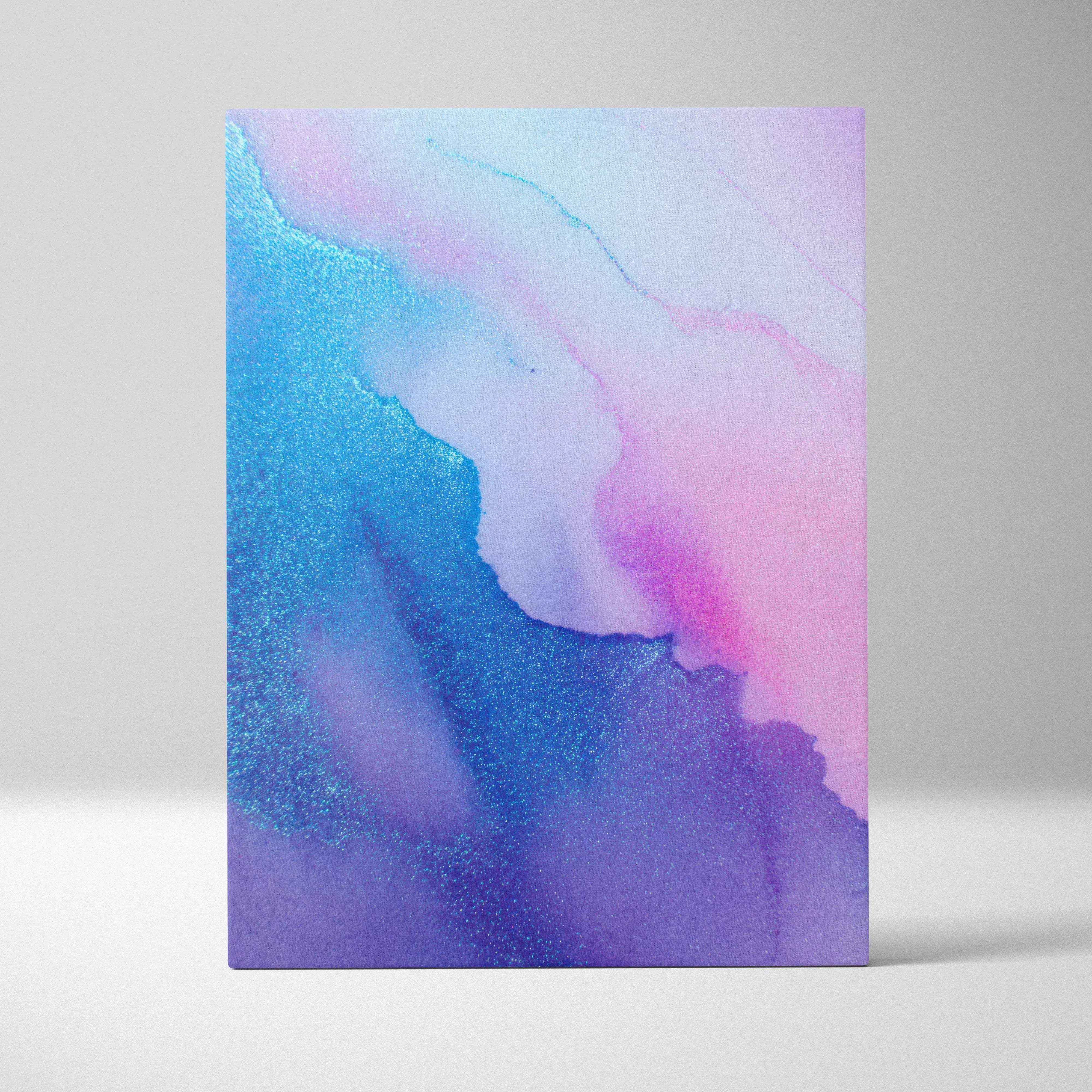 A rectangular canvas wall art featuring a vibrant abstract watercolor gradient with blue pink and purple hues and glitter accents