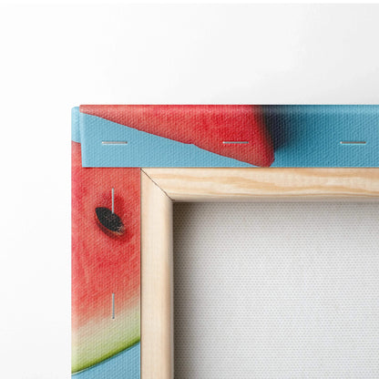Close-up of vibrant food-themed digital art canvas showing wooden frame and bright red watermelon slice detail in wall art.