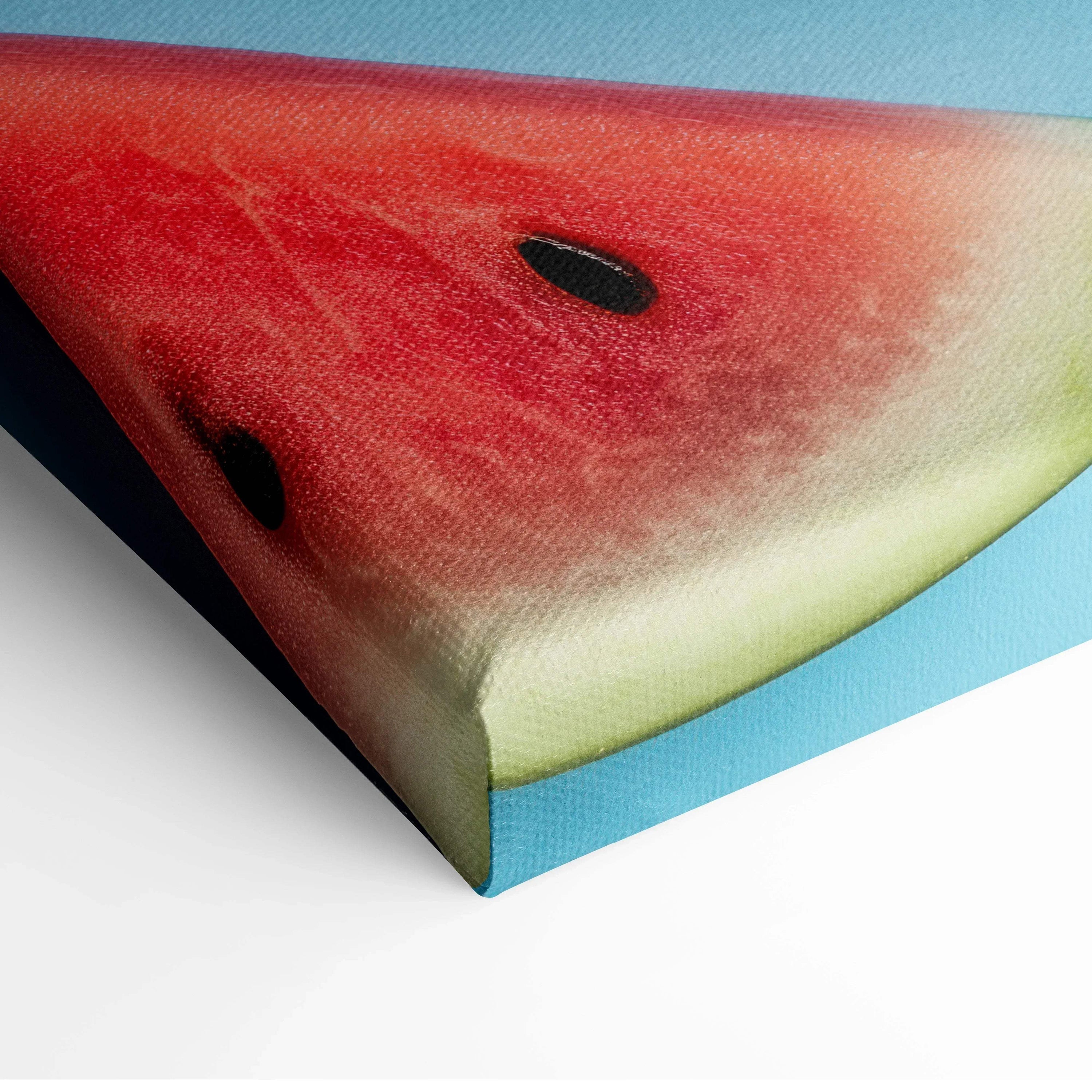Close-up of vibrant watermelon slice digital art on wrapped canvas wall art.