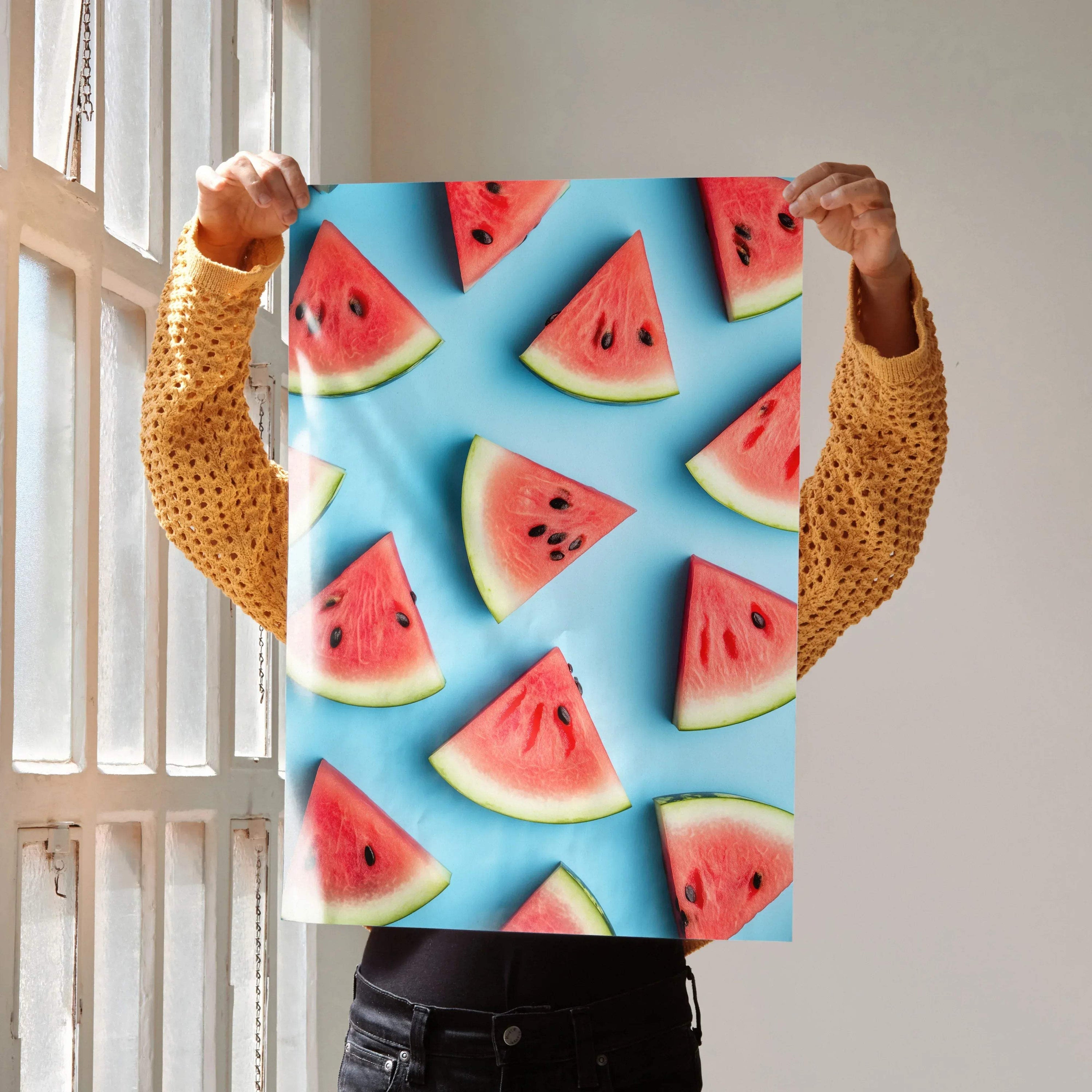 Vibrant watermelon slices against a bright blue background digital art poster for wall art and home decor.