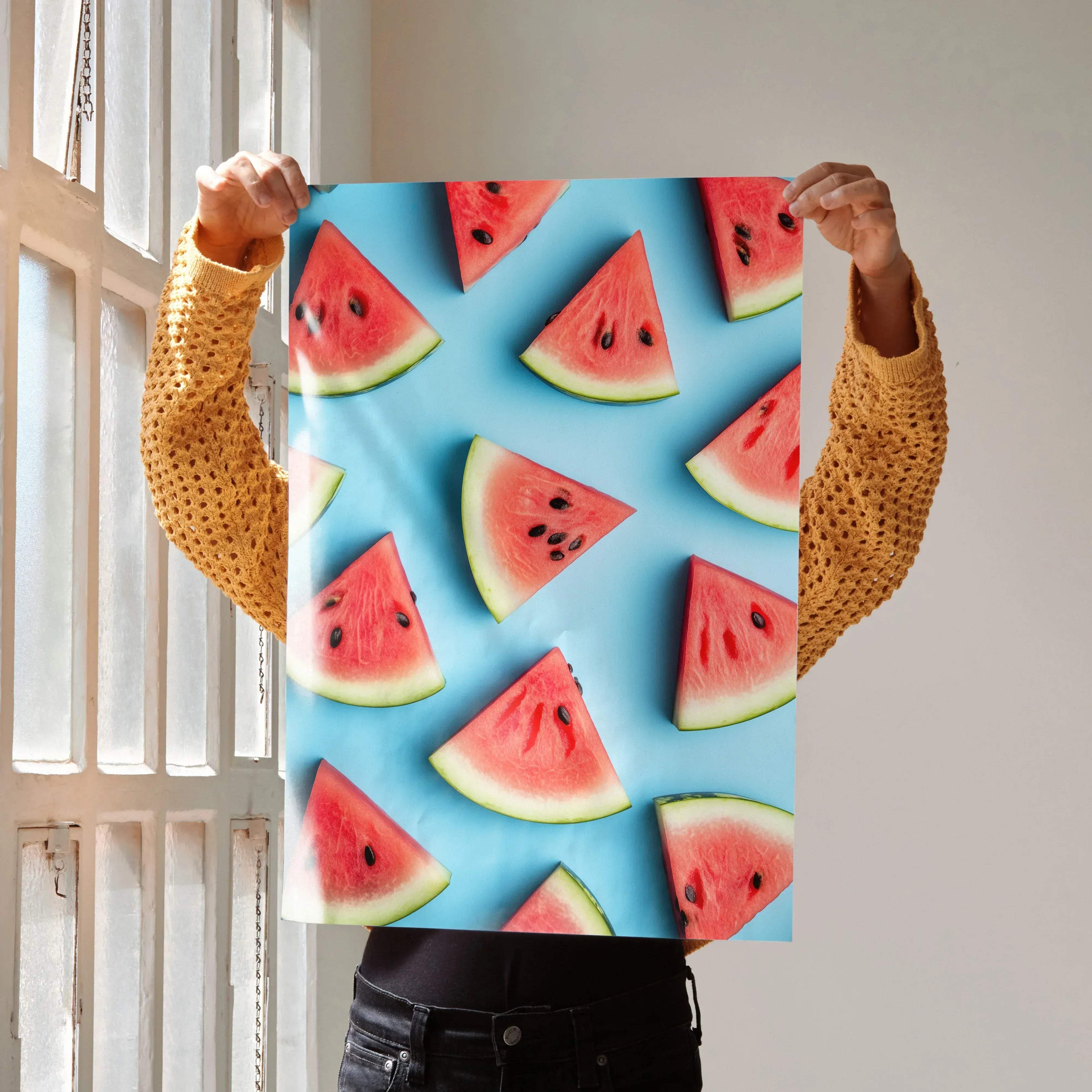 A vibrant blue vertical poster print featuring a repeating pattern of sliced watermelon with red flesh and black seeds