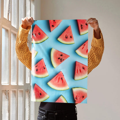 Vibrant watermelon slices against a bright blue background digital art poster for wall art and home decor.
