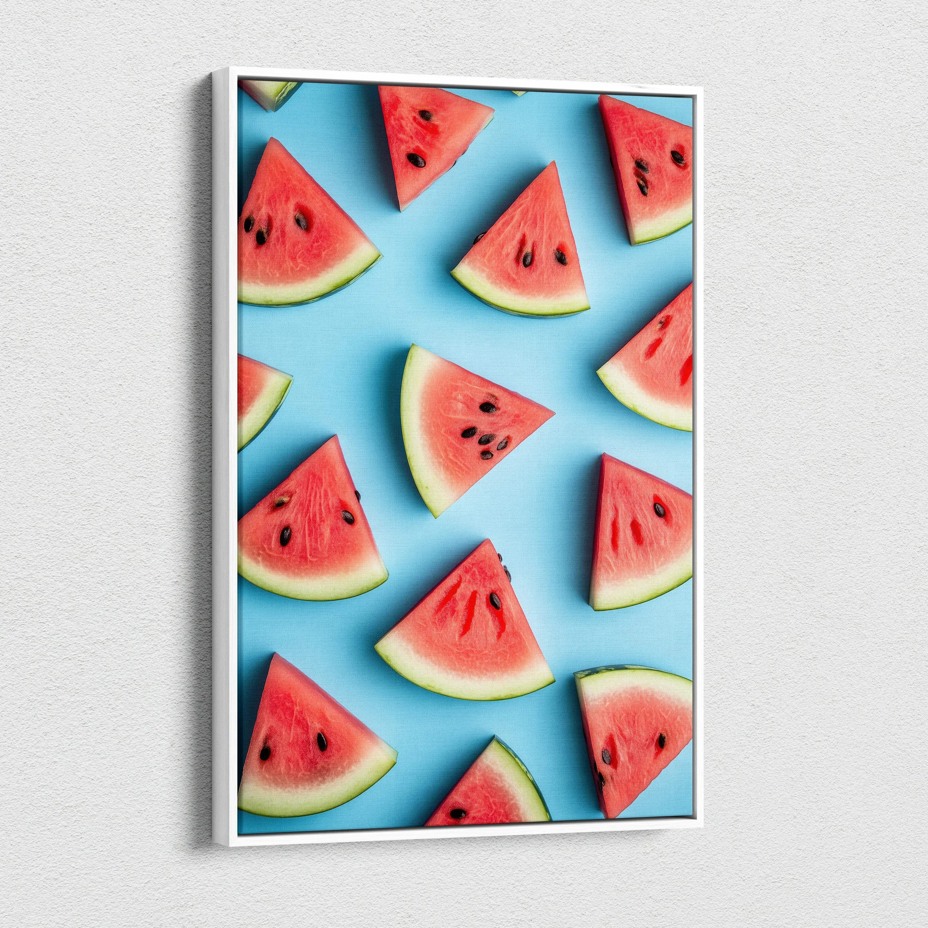 Colorful watermelon slices pattern on blue background digital art canvas wall decor.