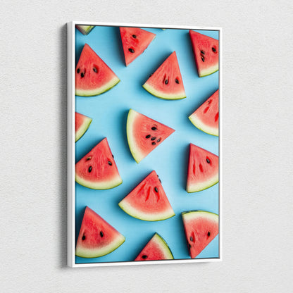 Colorful watermelon slices pattern on blue background digital art canvas wall decor.