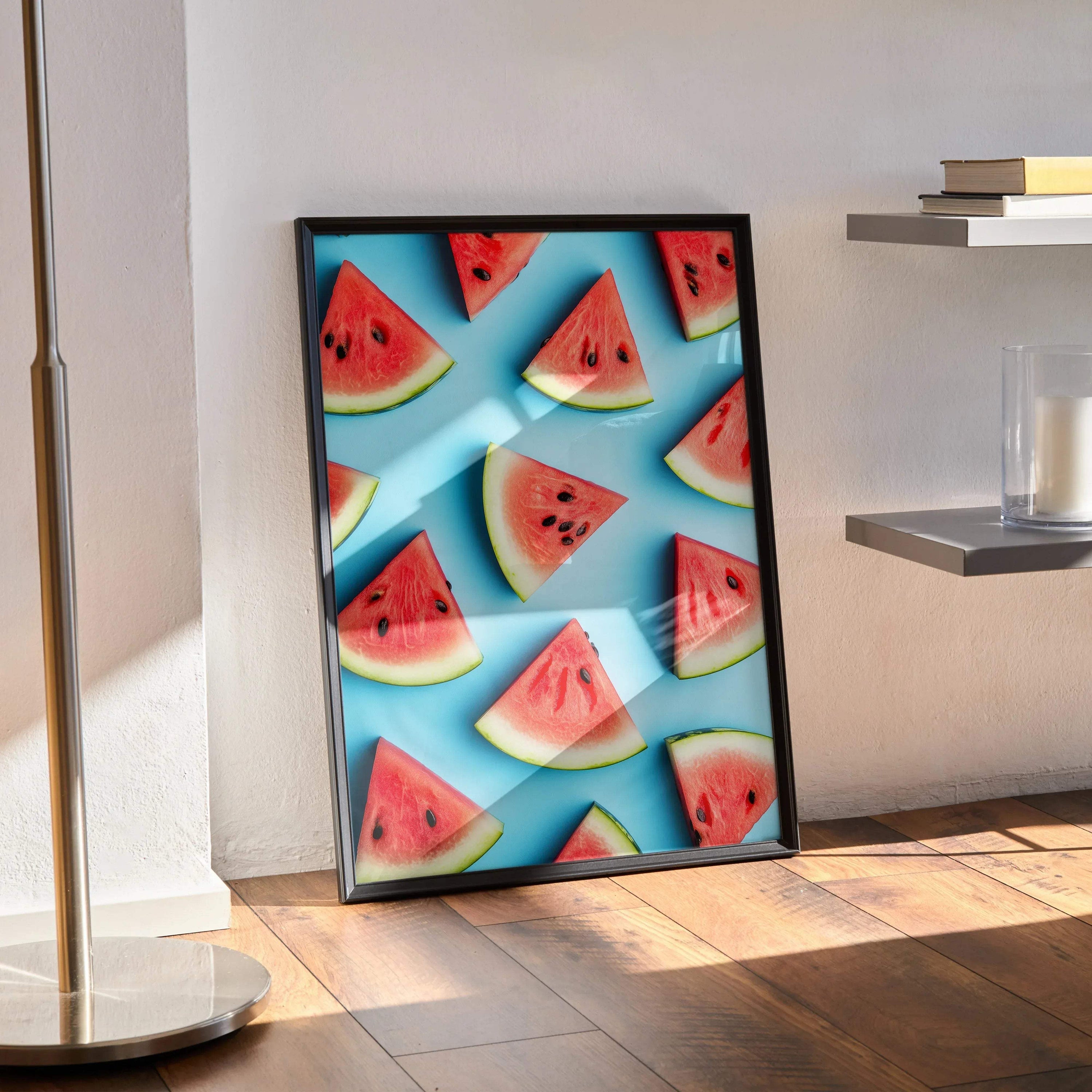 Vibrant watermelon digital art poster with bright red slices and blue backgrounds framed as wall art.