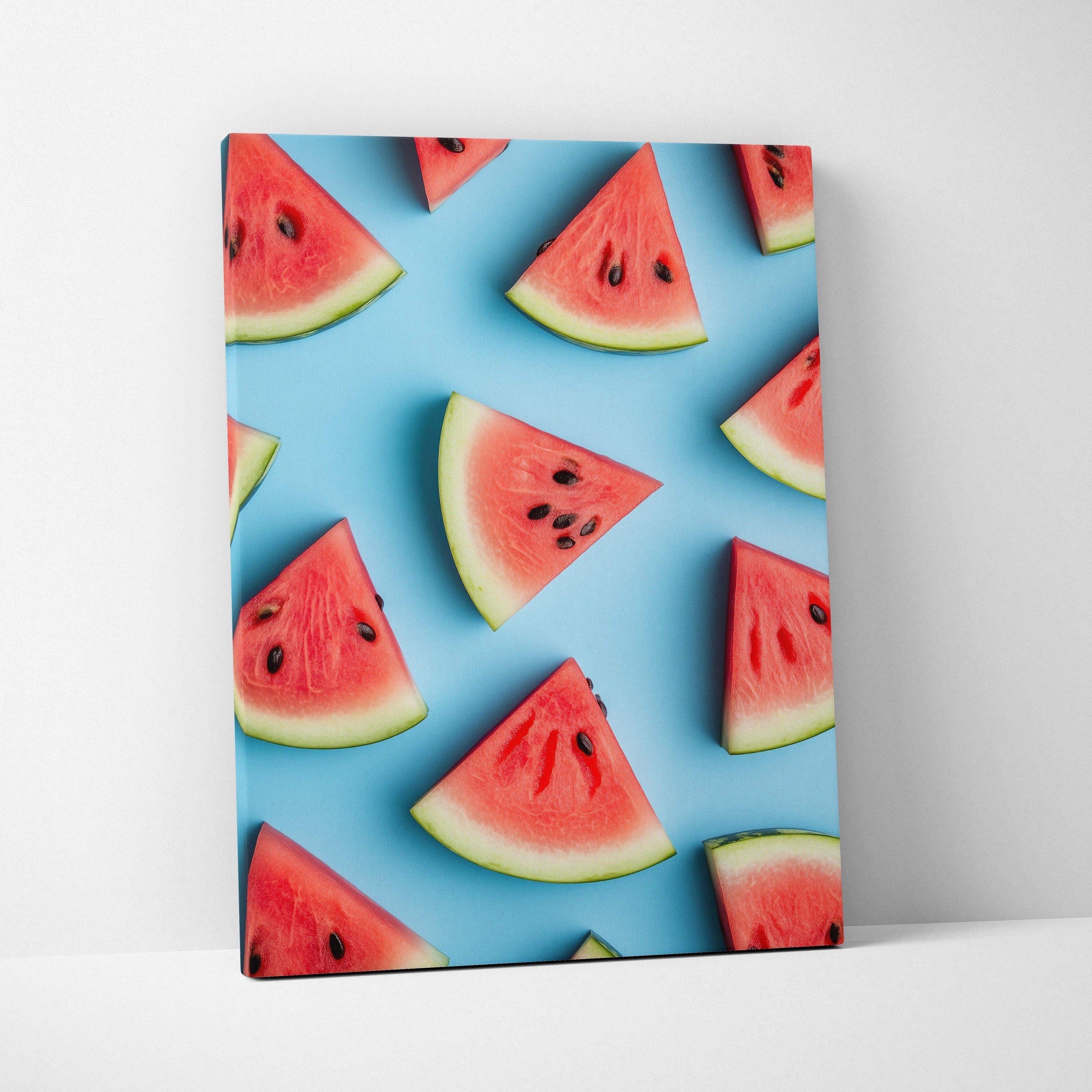 Canvas wall art featuring vibrant digital art of watermelon slices on a blue background.