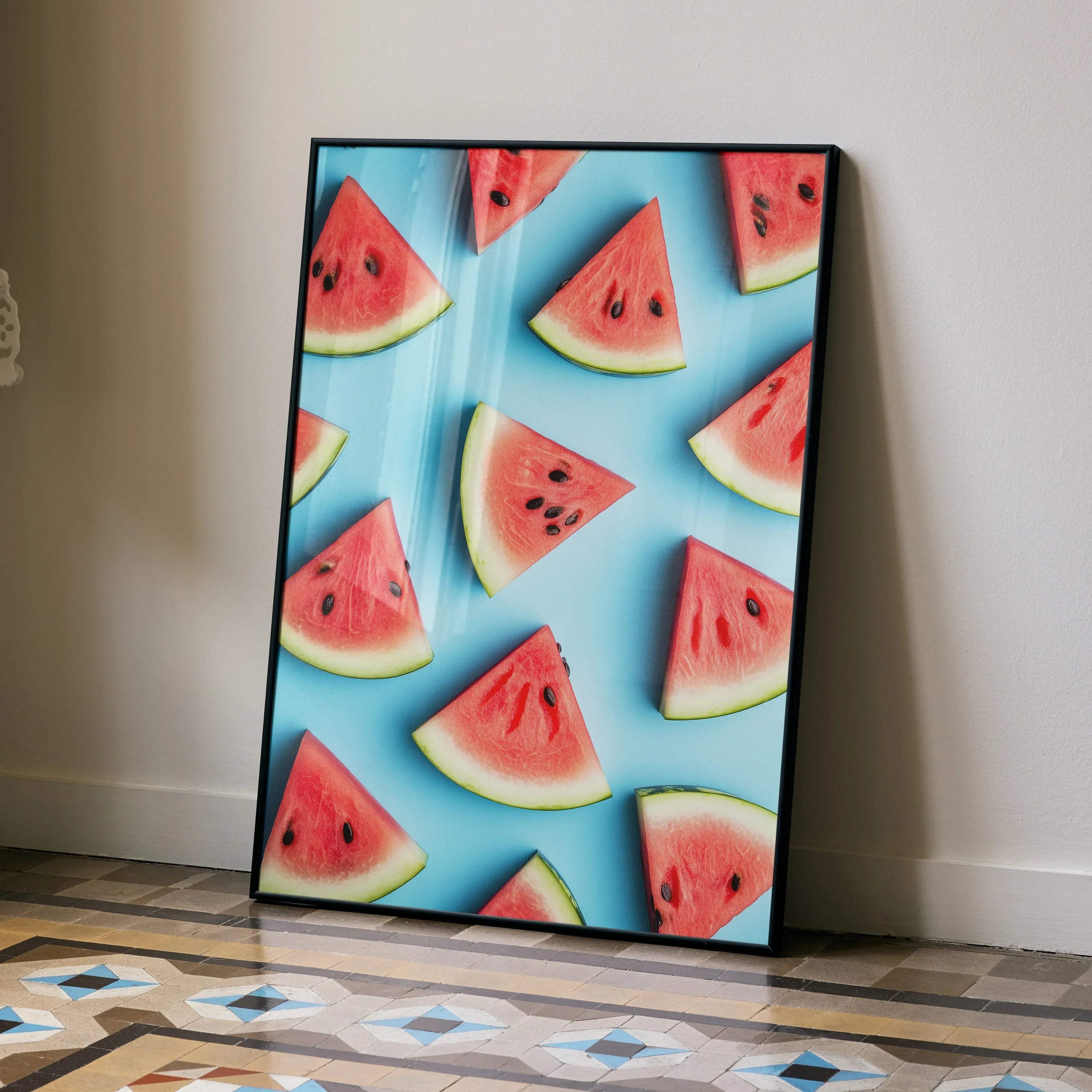 Vibrant watermelon slices digital art poster with bright red and green colors on blue background wall art.