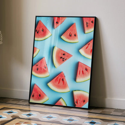 Vibrant watermelon slices digital art poster with bright red and green colors on blue background wall art.