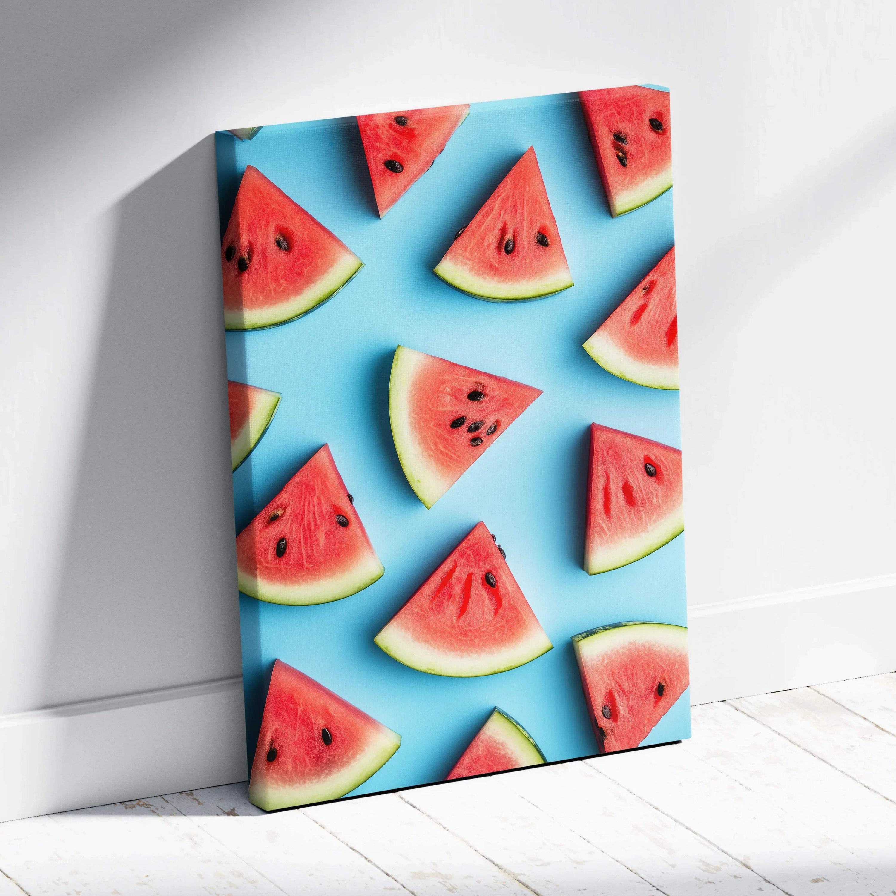 Canvas wall art featuring vibrant watermelon slices on a bright blue background.