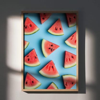 Vibrant watermelon slices digital art poster with bright red and green hues on blue background wall art.