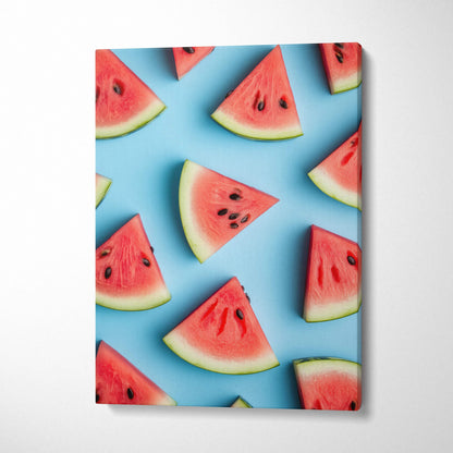 Canvas wall art featuring vibrant watermelon slices on a bright blue background.