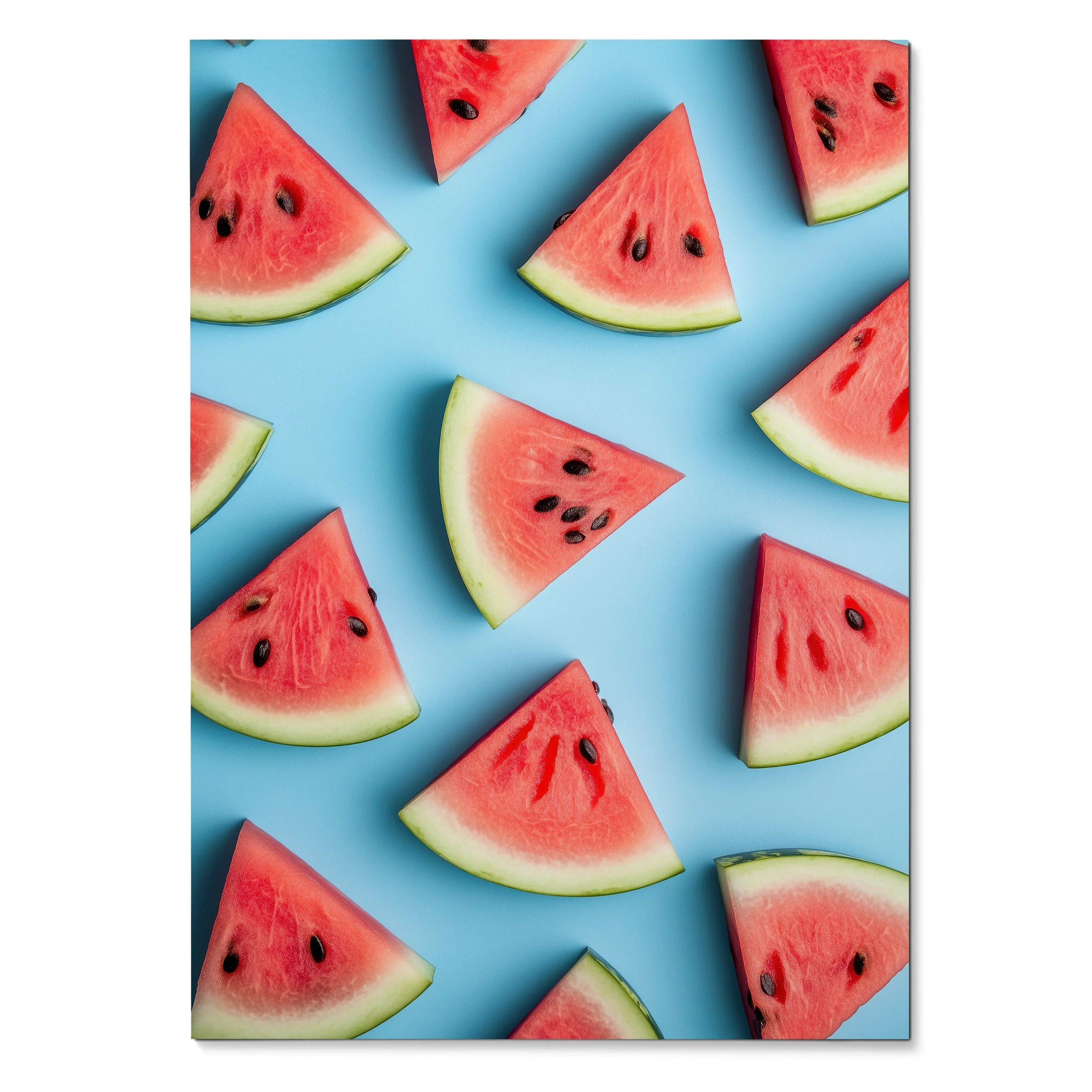Vertical poster featuring vibrant watermelon slices on a bright blue background, colorful food art wall decor.