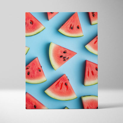 Vibrant canvas wall art featuring repeating watermelon slices on a bright blue background.