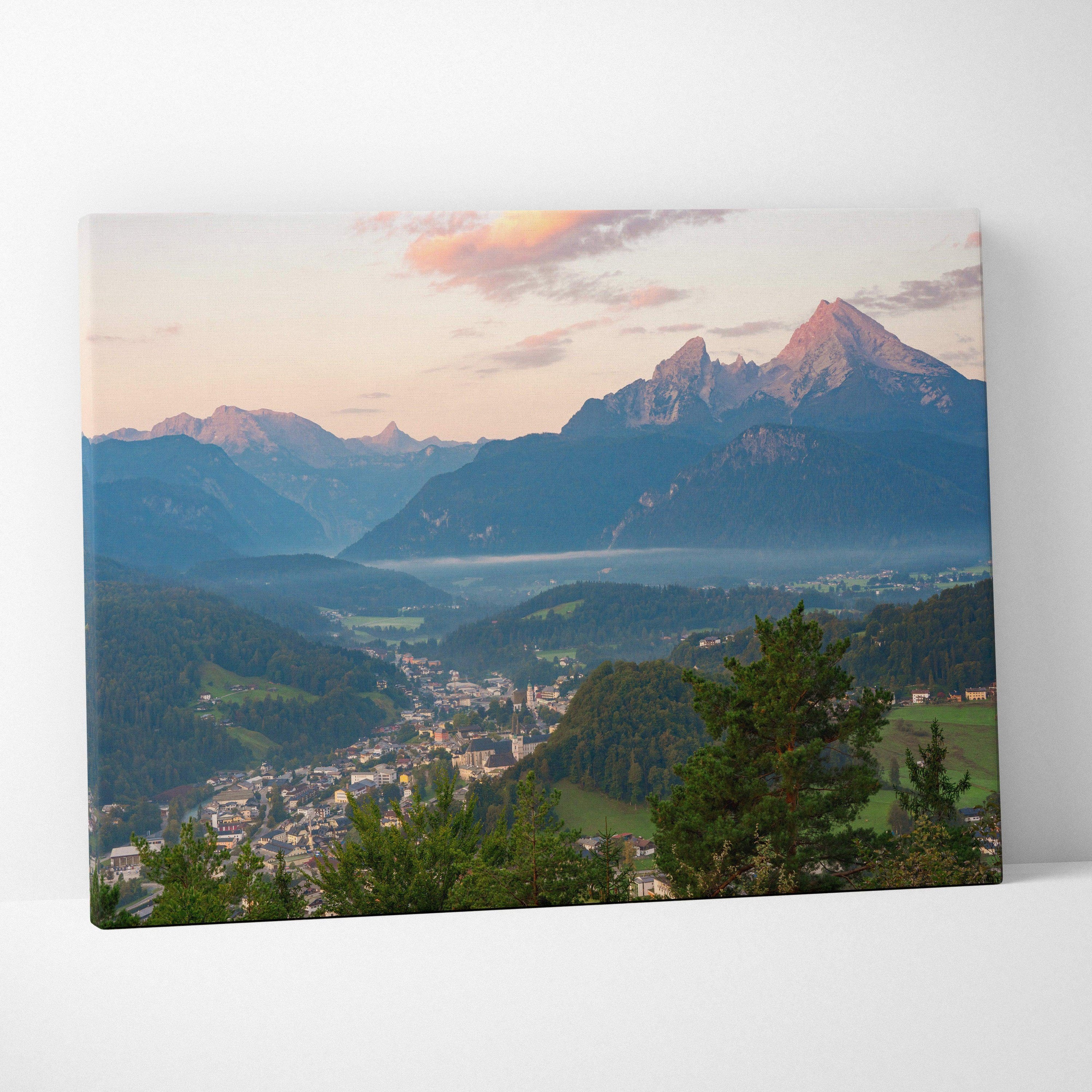 Mountain landscape at sunset with pastel sky on canvas wall art print.