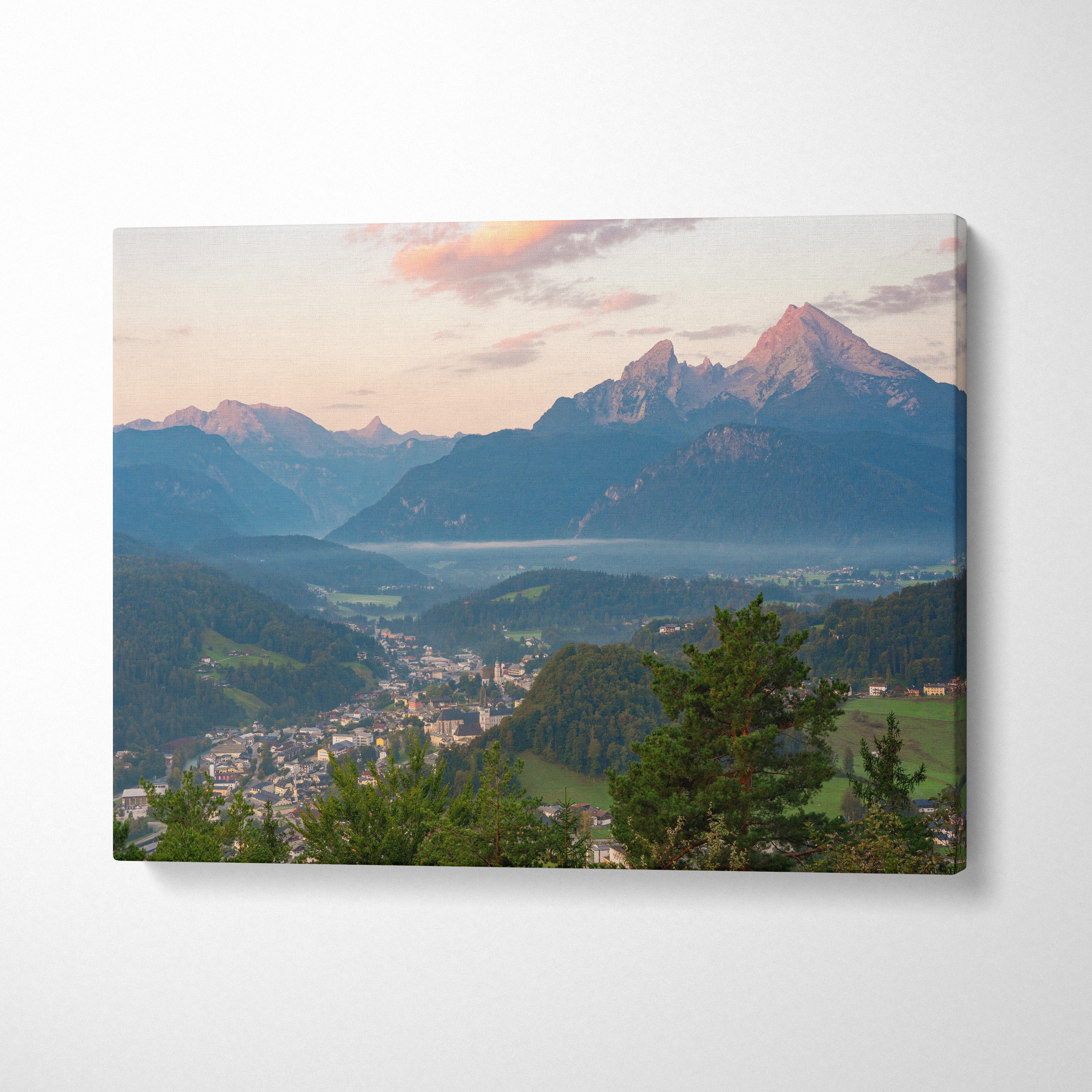 Mountain sunset canvas wall art featuring a scenic valley with vibrant sky and peaks.
