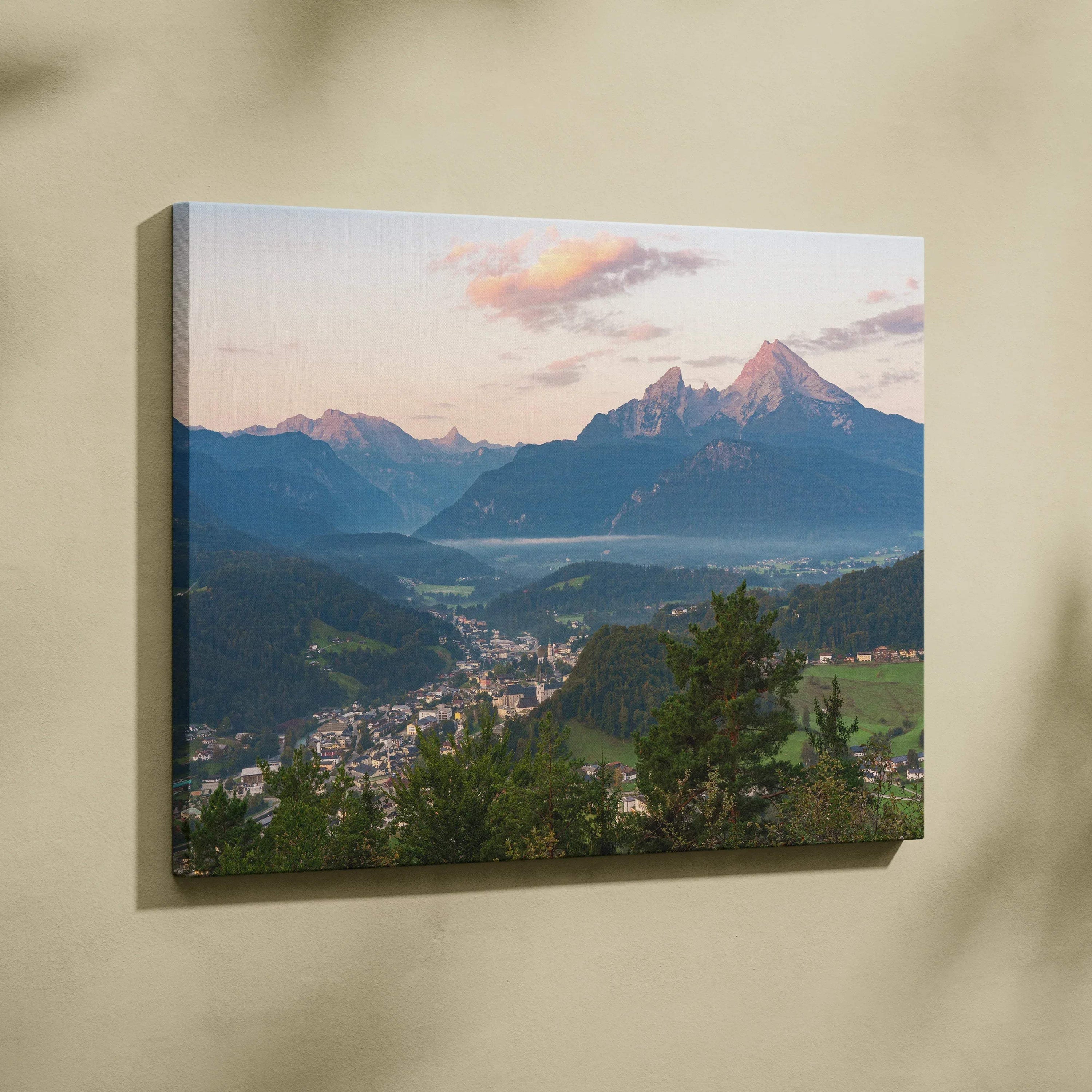 Mountain sunset landscape canvas wall art with vibrant sky and detailed nature scene.